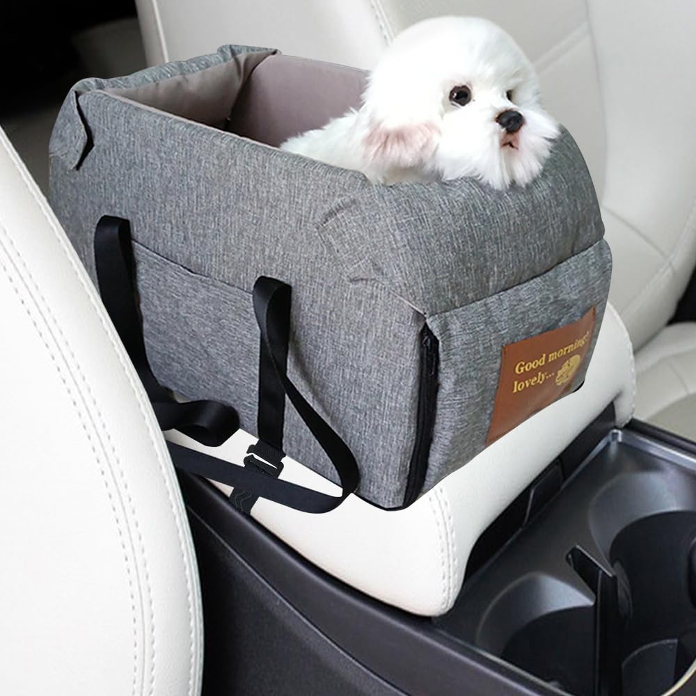Center Console Dog Car Seat Portable Pet Car Seats Multi-Purpose Dog Booster Seats Travel Pet Bed with Soft Cushion Safety Belt Adjustable Straps and