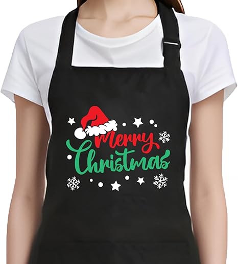 Merry Christmas Aprons for Women Men with 2 Pockets, Chef Apron for Baking Cooking BBQ, Holiday Gifts for Dad Mom