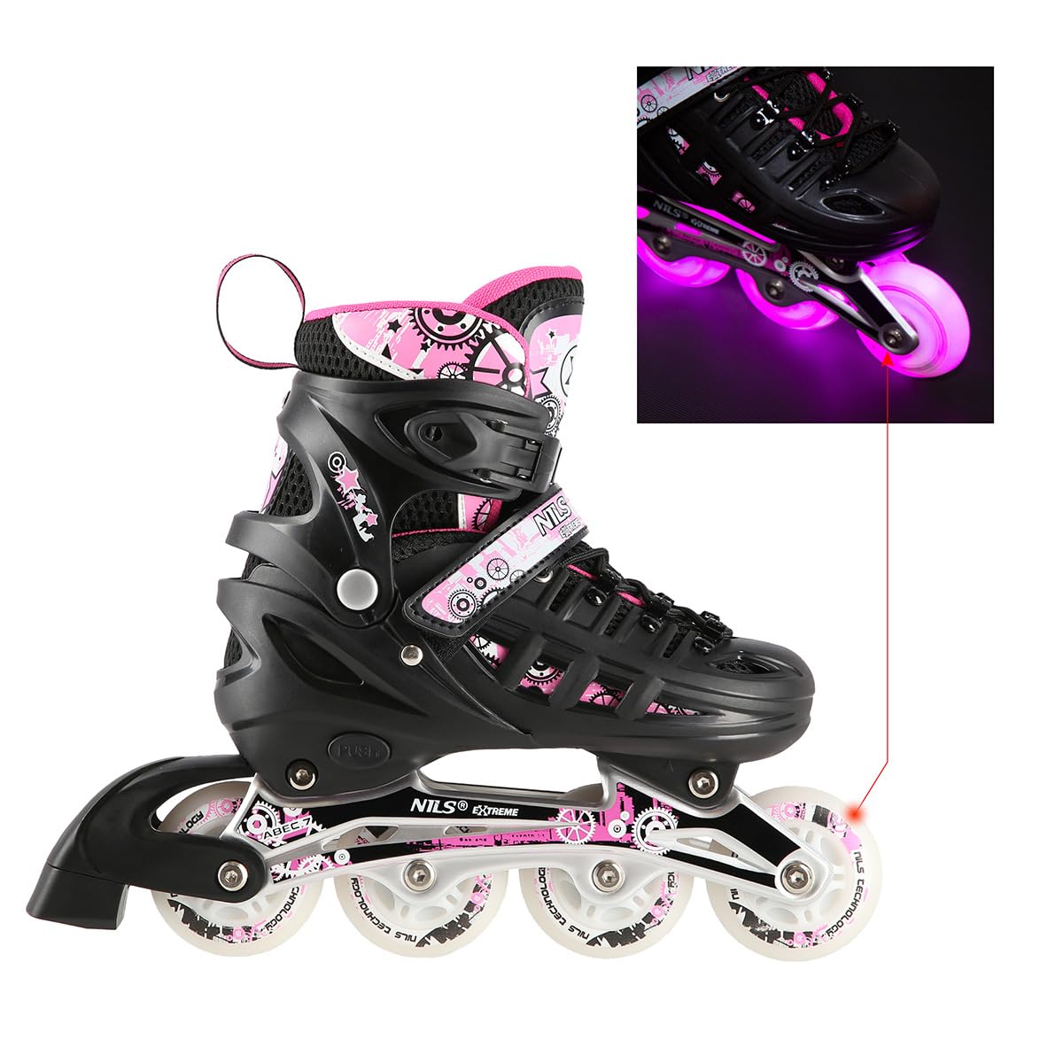 NILS Lot de Patins à roulettes 4 en 1 Triskates Twinkle White ABEC7 LED Light Wheels Taille 31-42 Réglable (Rose, M (35-38))