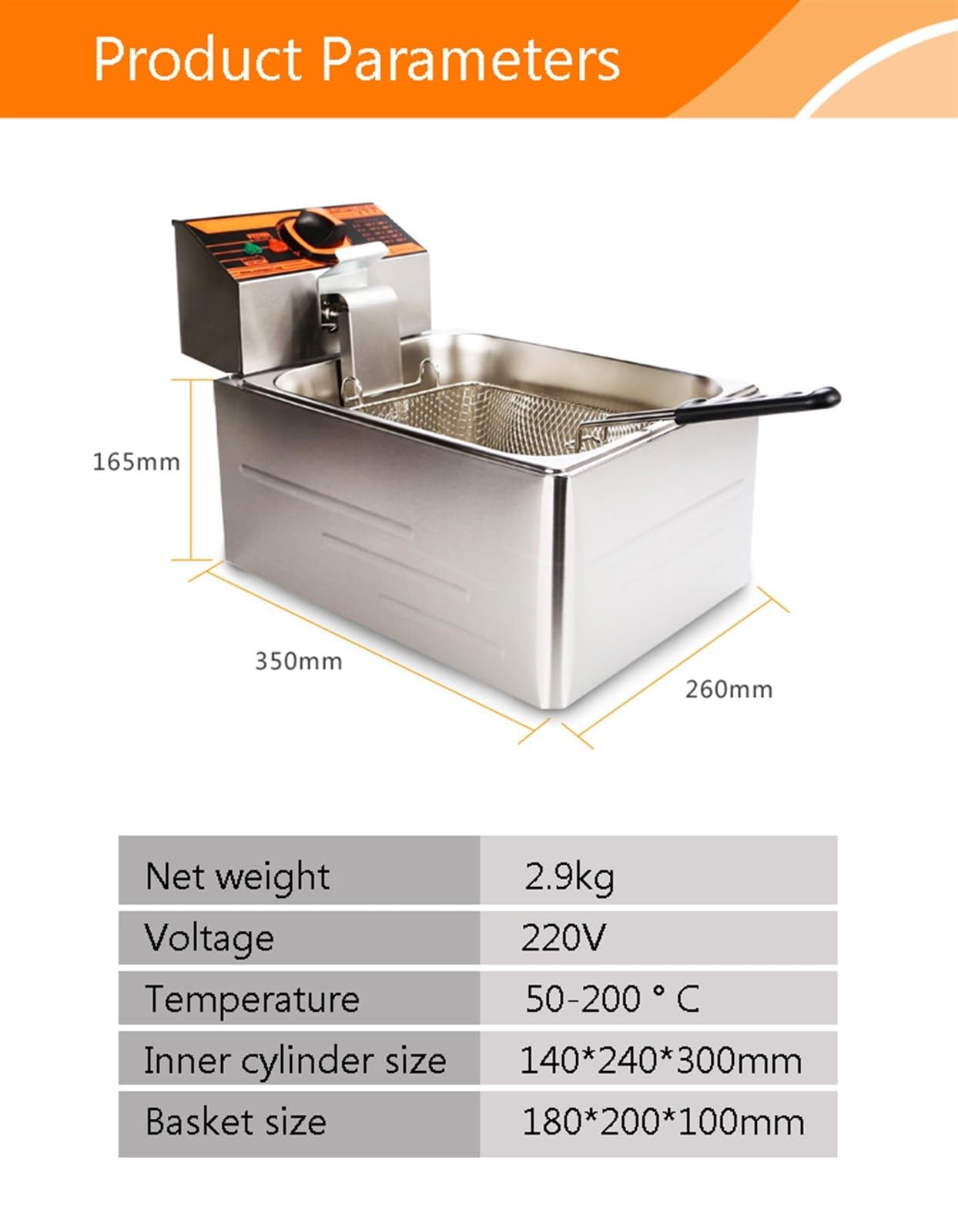 Freidoras, Freidora eléctrica Comercial for el hogar, freidora de Cocina, Cesta for cocinar Patatas Fritas, sartén Profunda, 6L, 2,5 kW