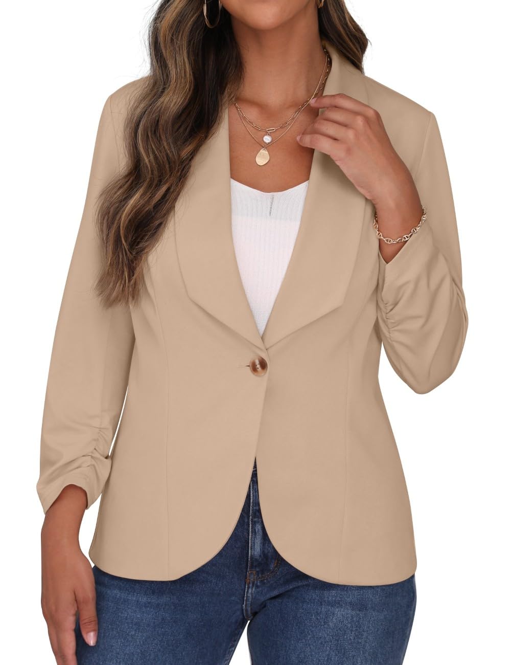 PrinStory Blazer pour femme, col à revers, manches 3/4, froncées, veste de costume, cardigan à un bouton, blazer court, tenue décontractée pour le bureau