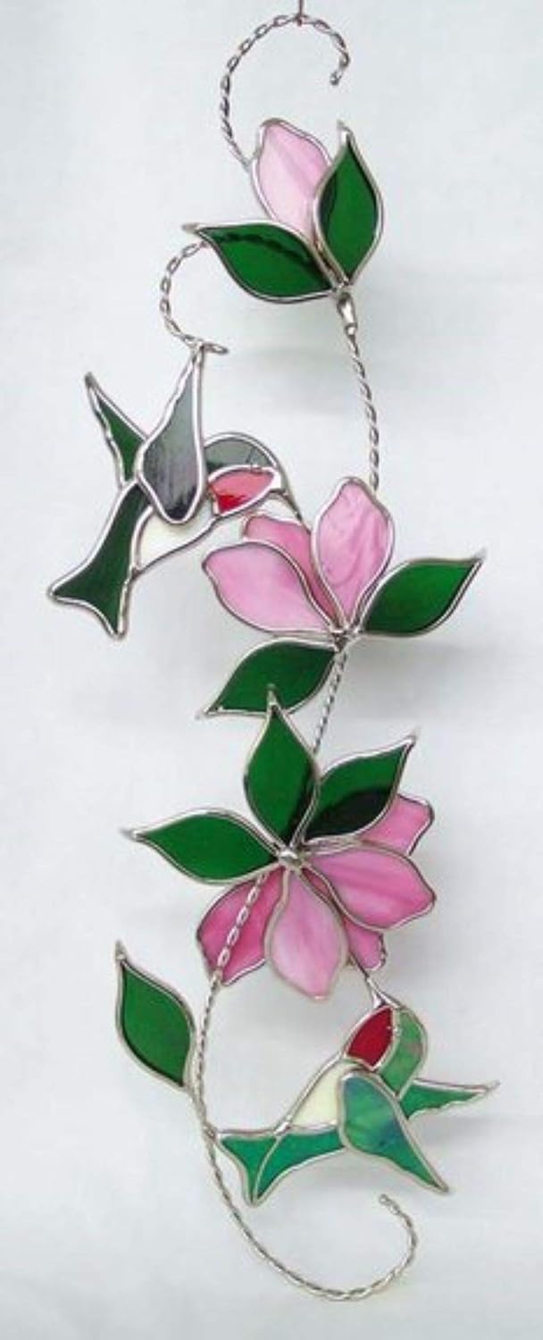 Stained Glass Hummingbird Suncatcher with Pink Flowers – 17” Vertical Hanging Panel – Two Ruby-Throated Hummingbirds on Twisted Vine – Real Stained Glass with Silver Finish – from SassyXpressions
