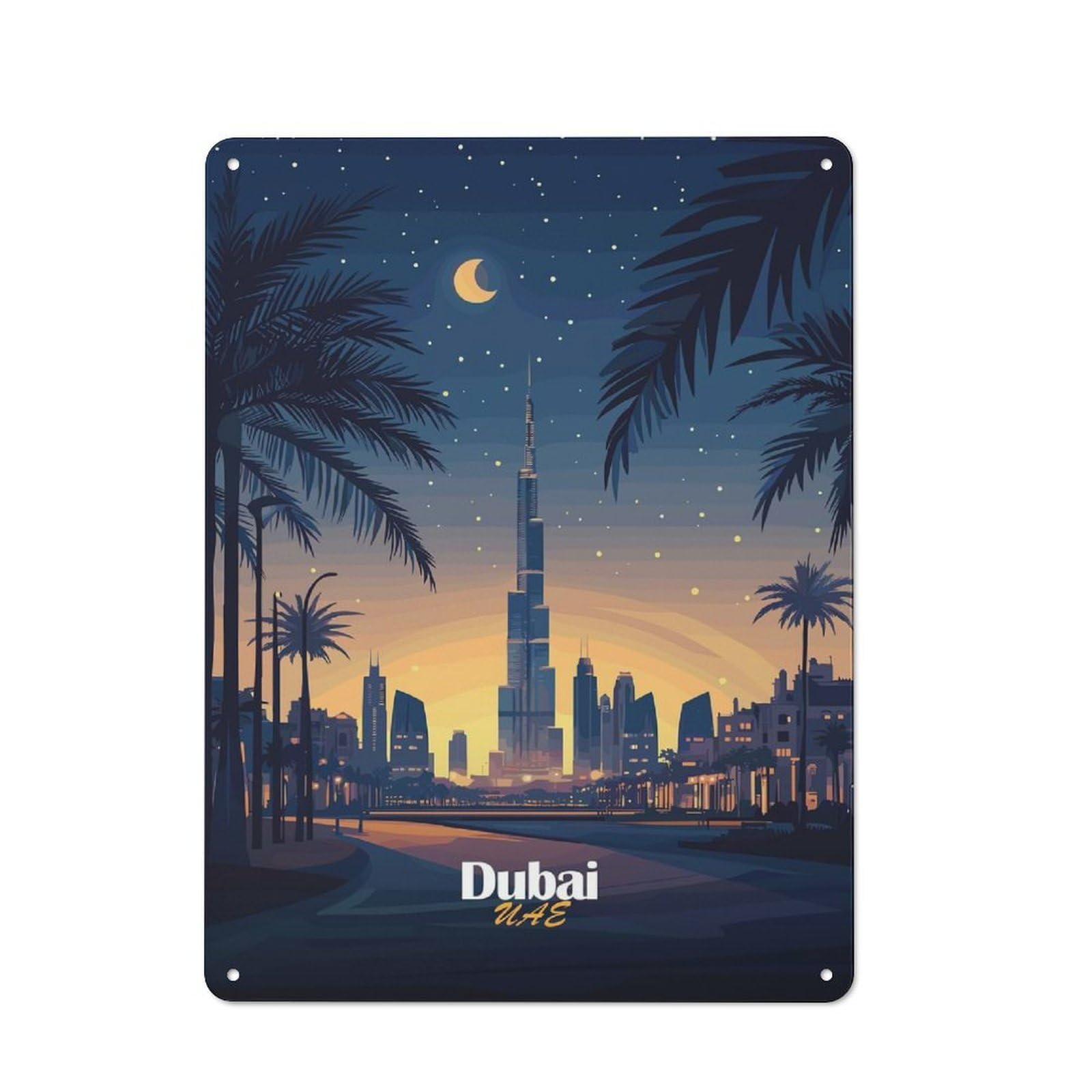 Junmoney Style-6 Tin Wall Plaque 40X30cm With Dubai Skyline At Night For Café Or Home Bar, New-Space Wall Decor For Hospitality Decor Collectors