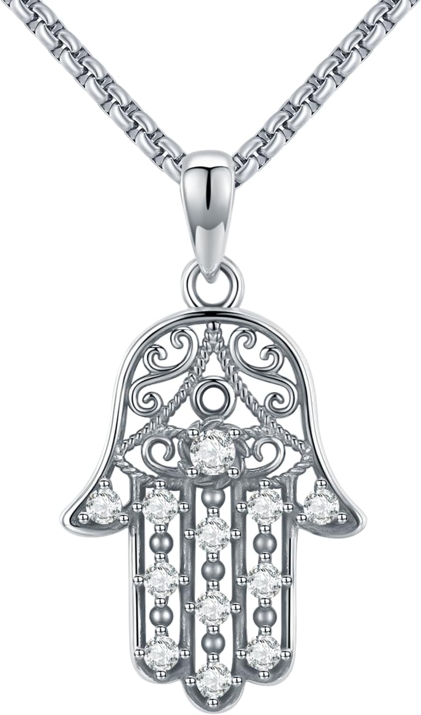 Hamsa Necklace for Men 925 Sterling Silver Hamsa Hand Pendant Hand of Fatima Necklace Evil Eye Hamsa Hand Necklace with CZ Hamsa Jewelry Gifts