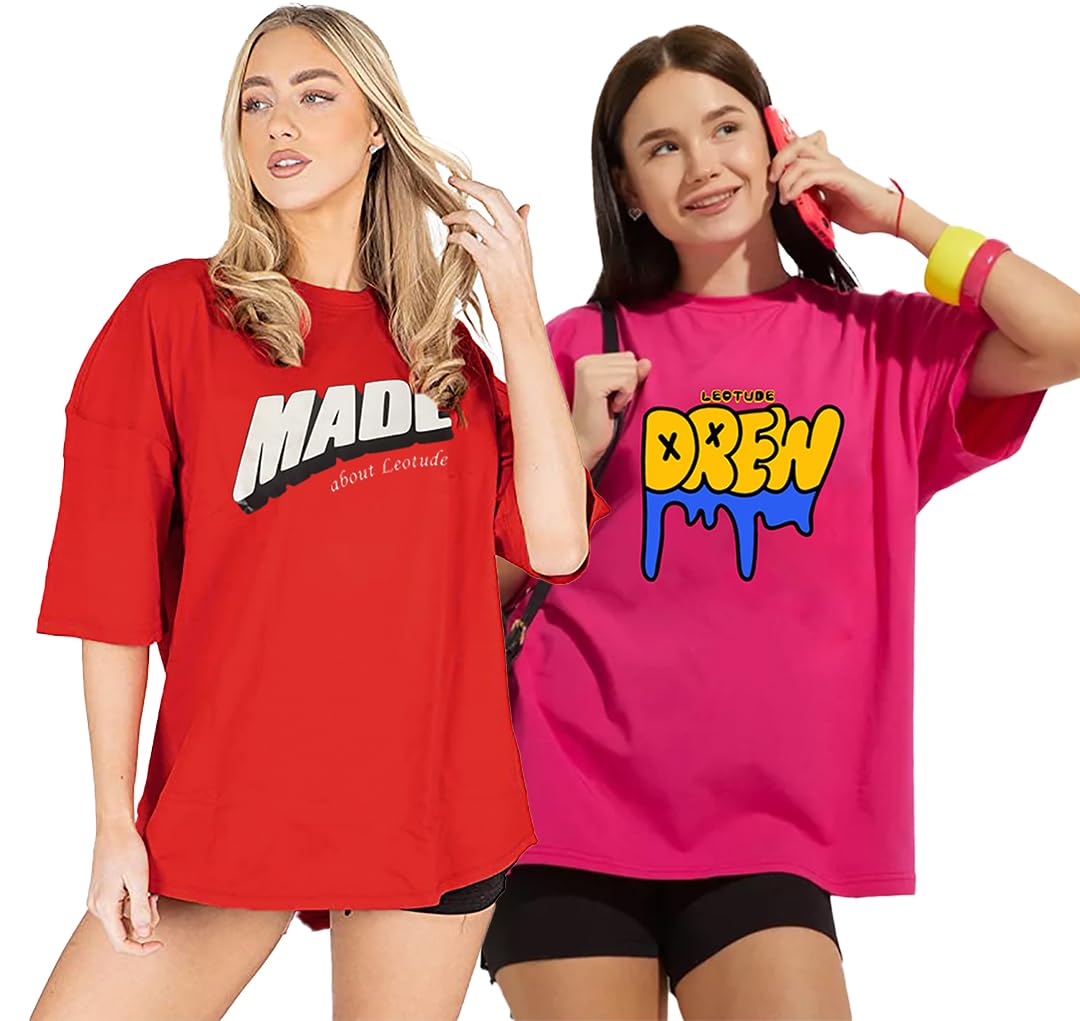 leotude Women's Cotton Round Neck Oversized Half Sleeve Drop Shoulder T-Shirt Combo (Pack of 2)-picture-18