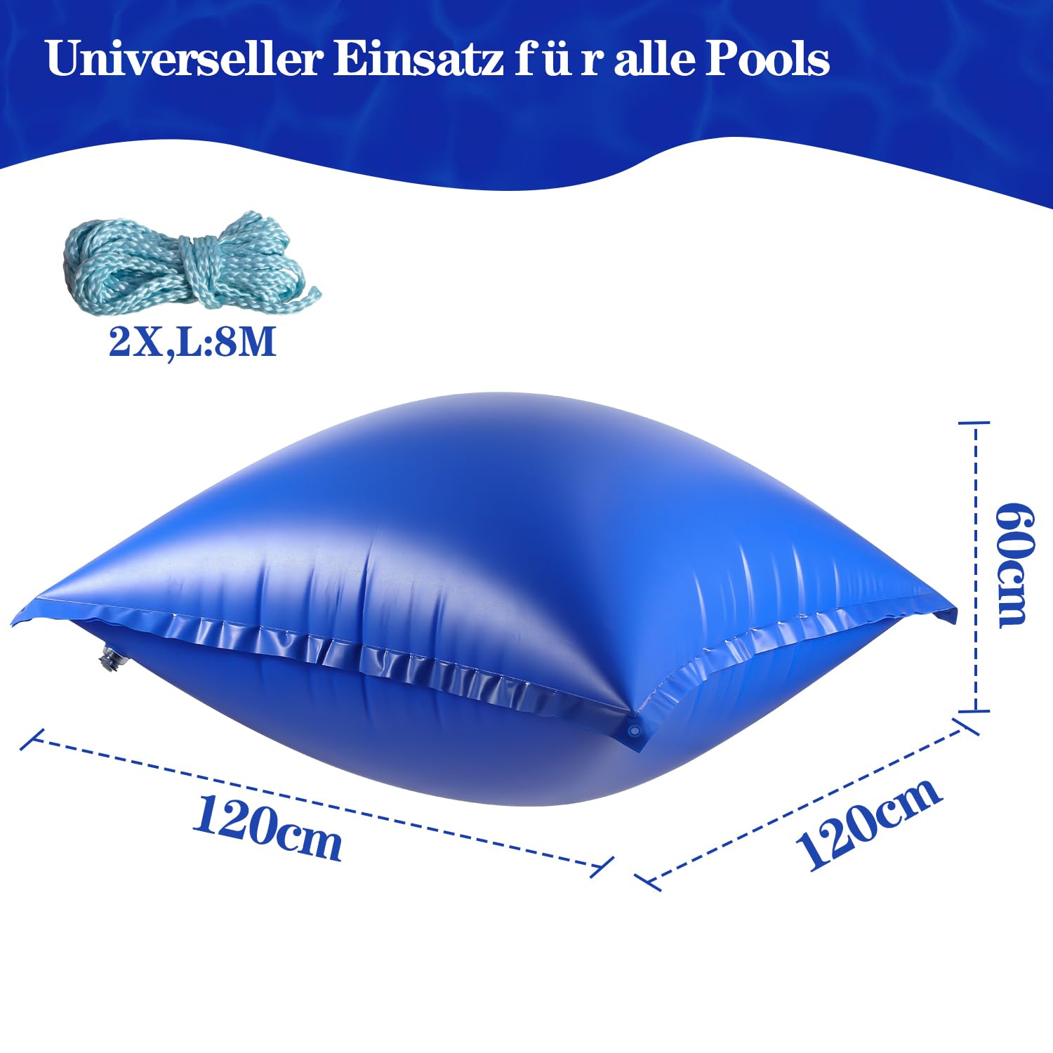 Cojín de piscina de invierno para piscina, cojín de aire de 120 x 120 cm, cojín de invierno con válvula de seguridad, con cuerda de 8 m para la mayoría de tipos, cojines de piscina, cojín