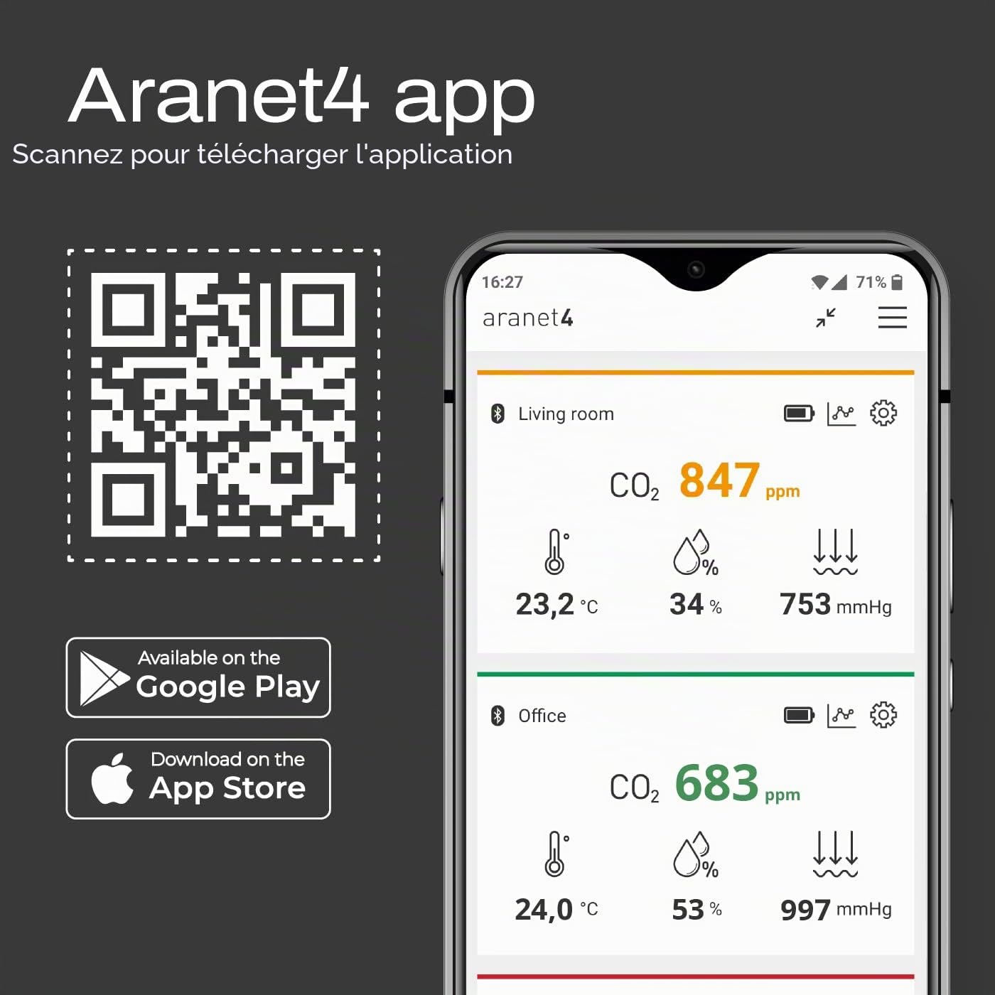 Aranet4 HOME: Moniteur de qualité de l'air intérieur sans fil pour la maison, le bureau ou l'école [CO2, température, humidité, etc.] Portable, avec batterie, écran E-Ink, application mobile