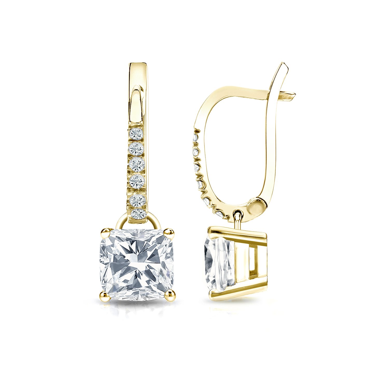 Diamond Wish IGI Certified 18k Yellow Gold Cushion Diamond Earrings Dangle 4-Prong Basket 2 cttw G-H SI1-SI2