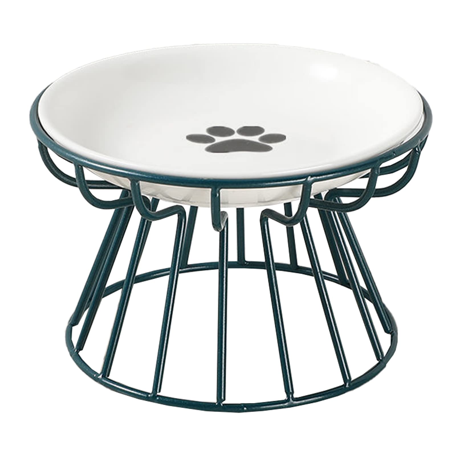 GALER Raised Cat Bowl, Cat Food Bowl with Metal Stand, Ergonomic Cat Plate Elevated Cat Bowls Ceramic Anti Vomit Cat Feeding Bowl Food Water Shallow Tilted Ceramic Dish for Cat Small s (Green, Paw)