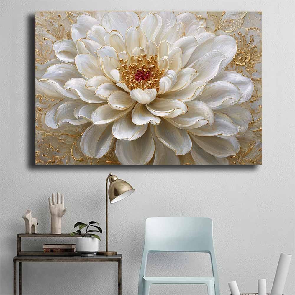 CUDAOO Semplice arte botanica Stampe su Canvas Peonia dai bordi dorati per Camera da Letto Agriturismo Soggiorno Bagno(beige)-60x90cm Incorniciato