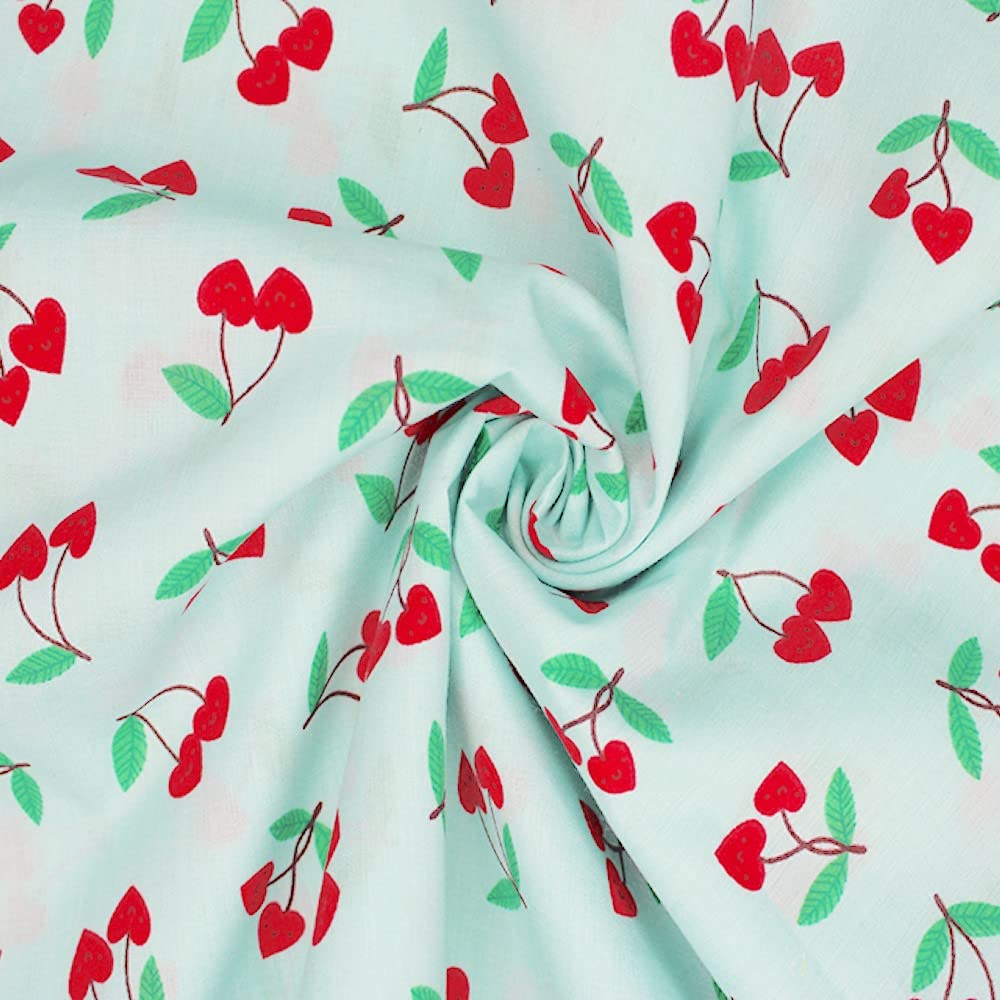 Oh Sew Crafty Limited Sky Blue Polycotton Fabric Cherry Love Cherries (Per Metre) (Sky Blue)