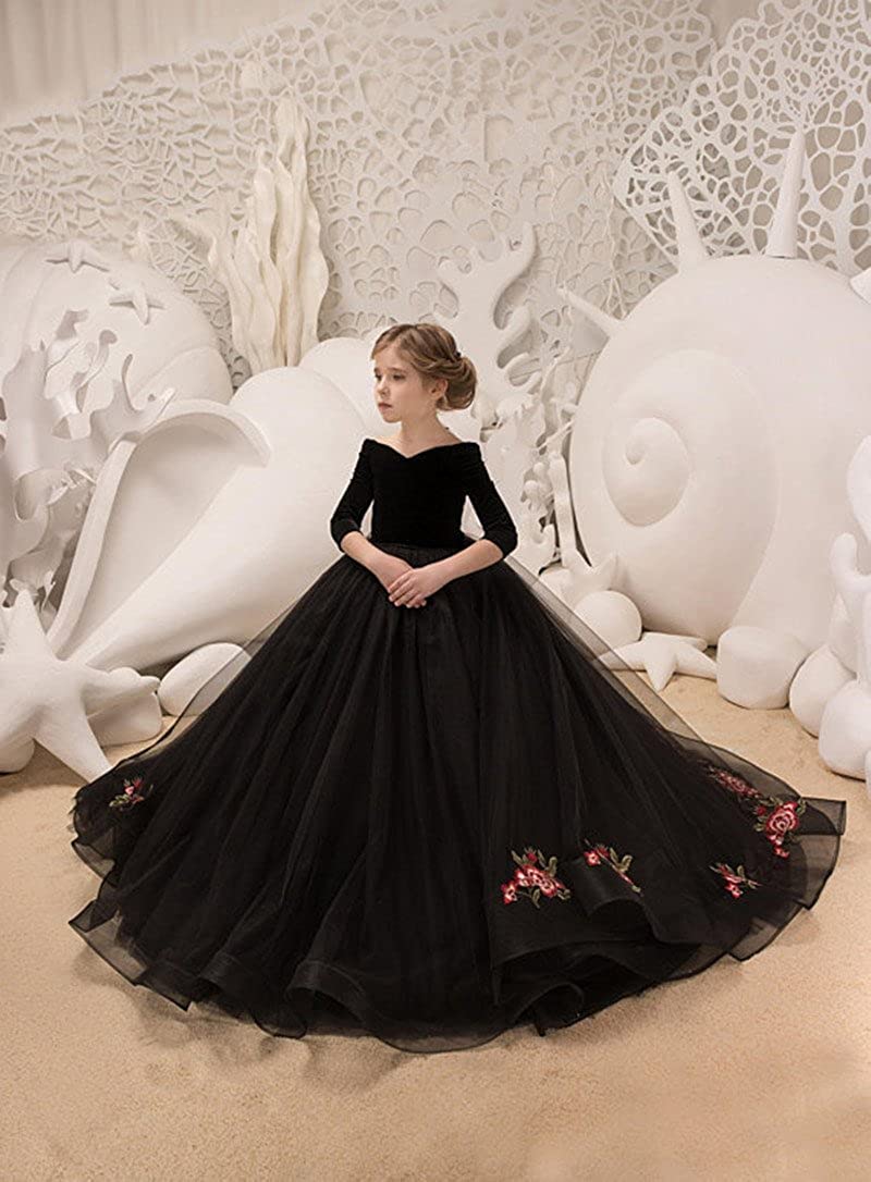 Vestidos Negros de niña de Las Flores para la Boda Vestido de Fiesta Infantil con Apliques de Tren para niñas