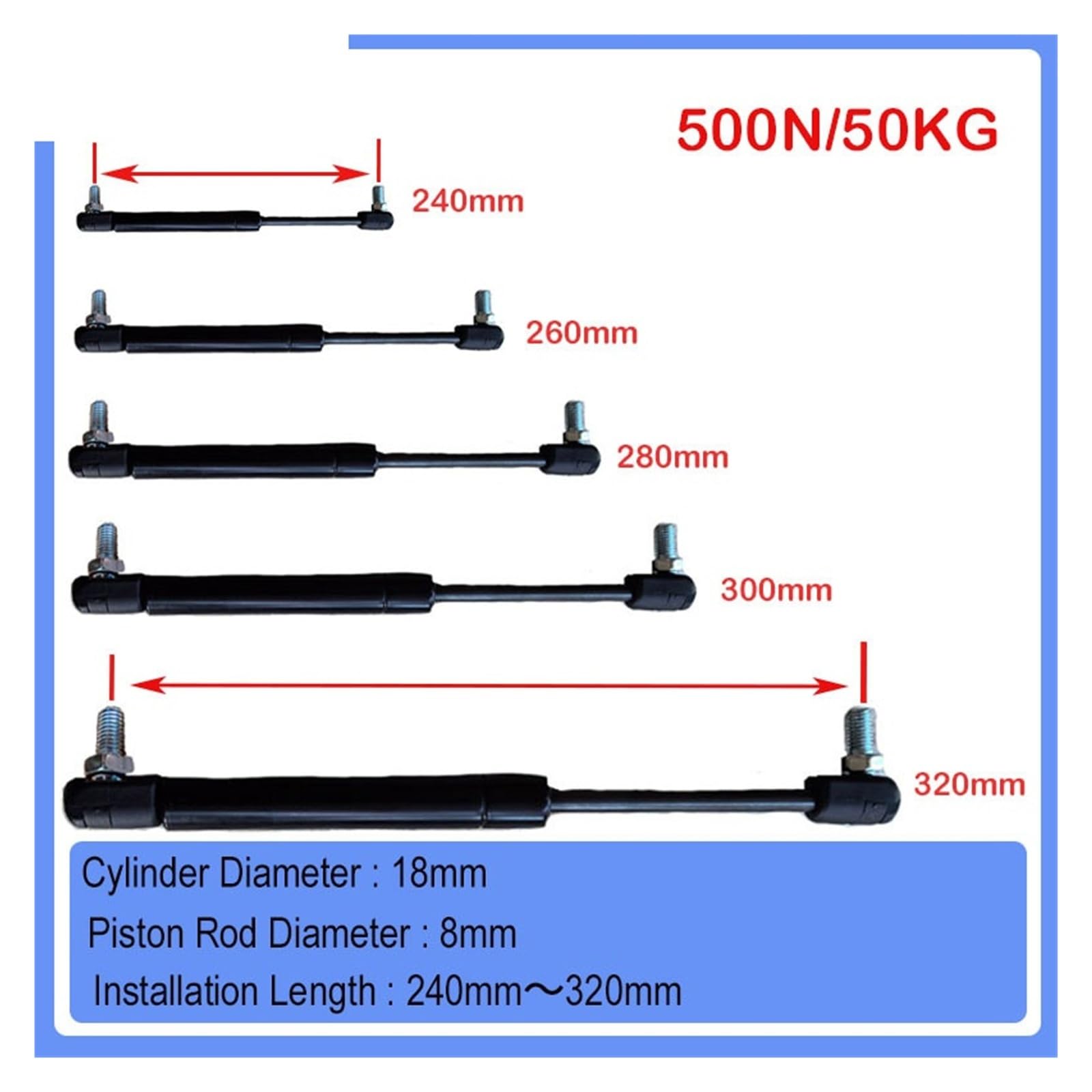 Amortiguador de resorte de gas, soporte de elevación hidráulica de 240 mm-320 mm 500 N/50 KG(18-8-95-270)