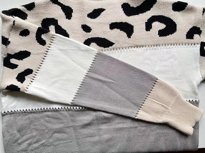 Women's Long Sleeve Color Block Crewneck Leopard Print Knitted Loose Pullover Sweaters - Image 7