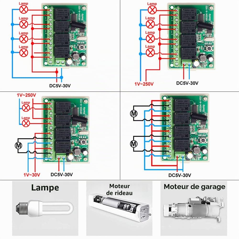 QIACHIP Commutateur de télécommande sans fil 6V 12V 24V, récepteur de Relais RF 10A 4CH 433Mhz avec 2 émetteurs pour Moteur, Porte de Garage, lumière, Rideau électrique, Bricolage