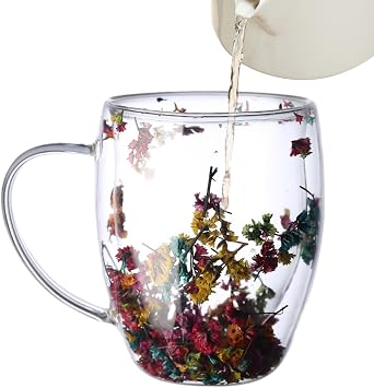 Double Wall Glass Coffee Mug - Beautiful Dried Flower Clear Mug, Glass Insulated Coffee Mug | Lightweight Drinkware with Handle, Heat Resistant Glass Cup for Hot and Cold Drinks