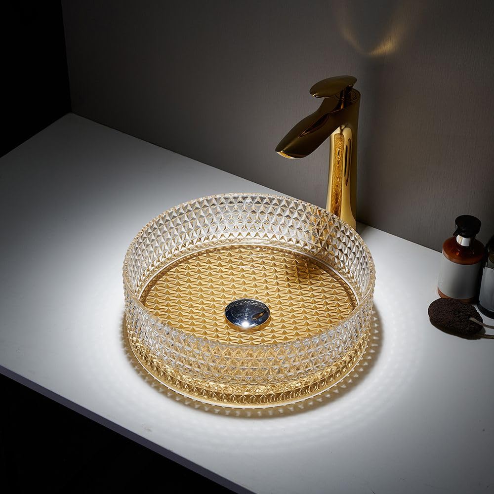 Milano Amber Ballam Crystal Tempered Glass Round Countertop Bathroom Basin Sink - 353Mm