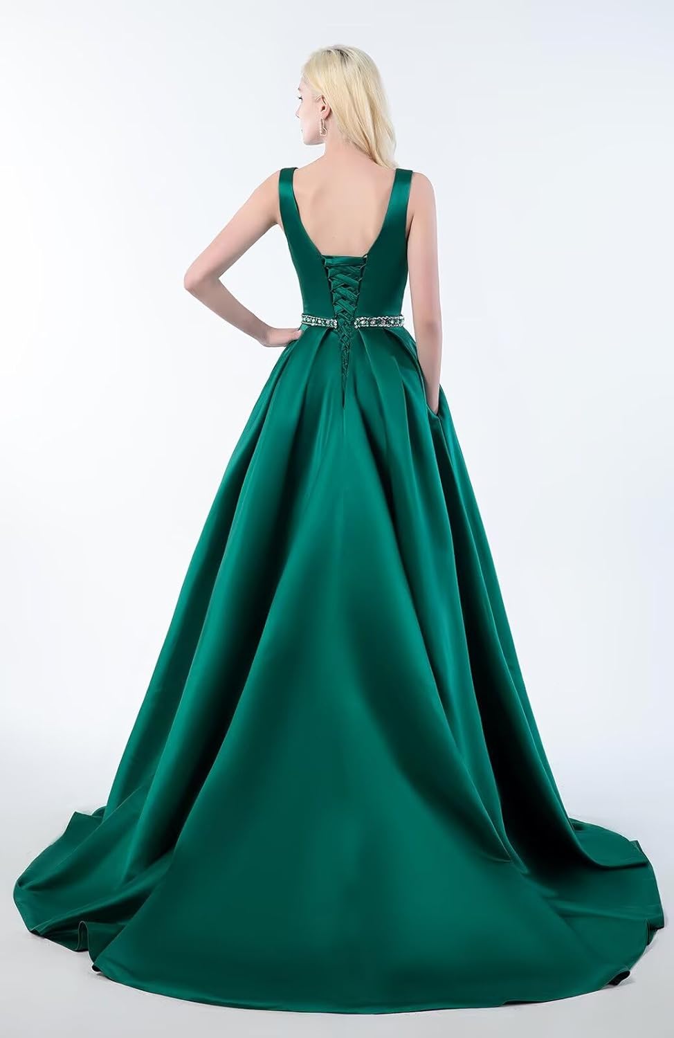 OFEECHUN Women's A Line Satin Prom Dresses Long Ball Gown Ruched Beaded Evening Formal Party Dress with Pockets