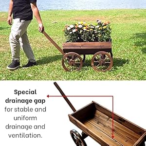 Wood Wagon Planter for Outdoor Balcony Decor - Garden Rustic Wooden Flower Cart with Wheels for Outside - Decorative Indoor - Wheelbarrow Planter for Patio -Reinforced Wheel Wood Wagon Planter for Outdoor Balcony Decor Garden Rustic Wooden Flower Cart with Wheels for Outside Decorative Indoor Wheelbarrow Planter for Patio Reinforced Wheel