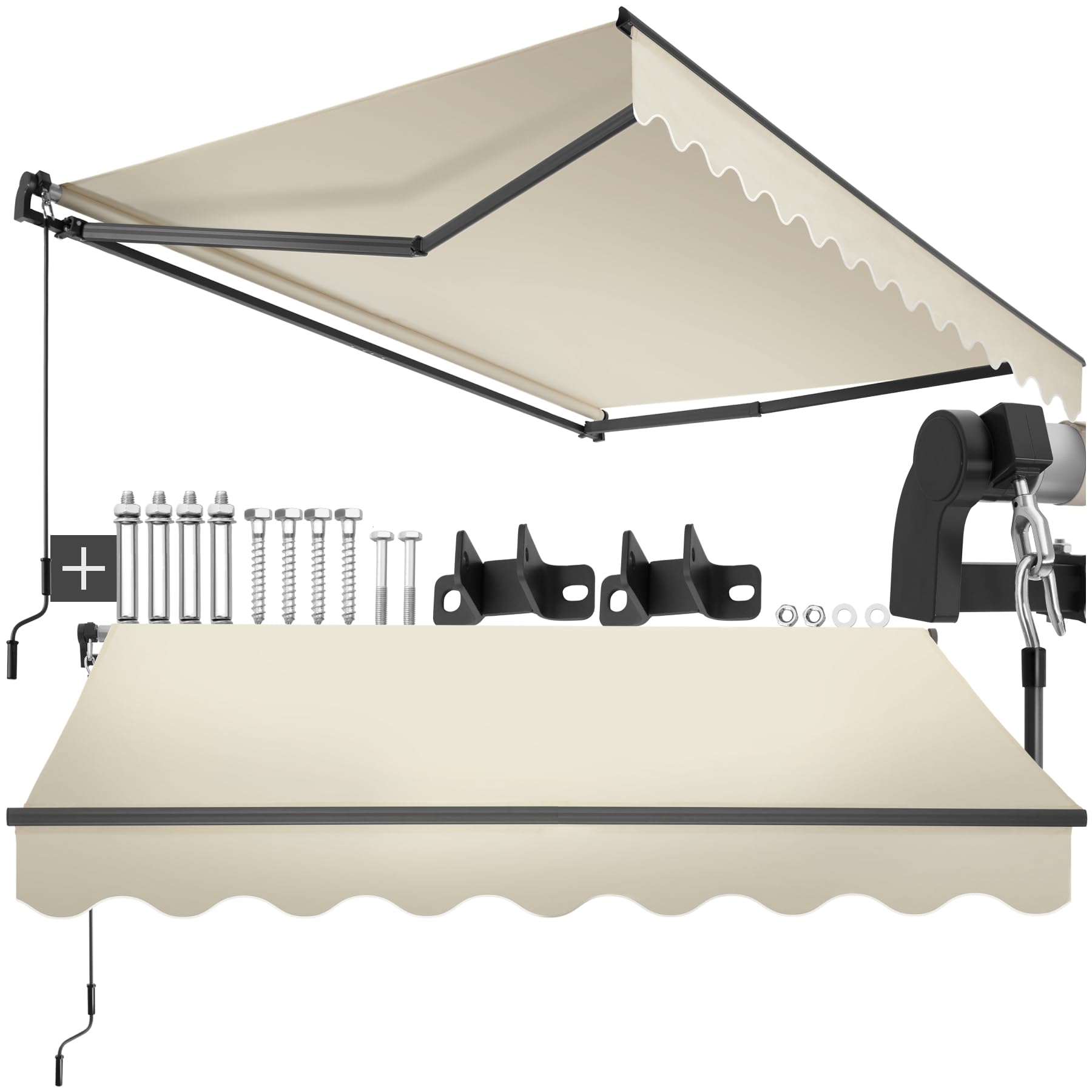 tectake® Retractable Awning with 50+ UV Protection, Water-Repellent Fabric & Hand Crank, Sun Shade with Sturdy Aluminium & Steel Frame, Ideal Patio, Balcony & Garden Canopy, 250 x 200 cm - Beige