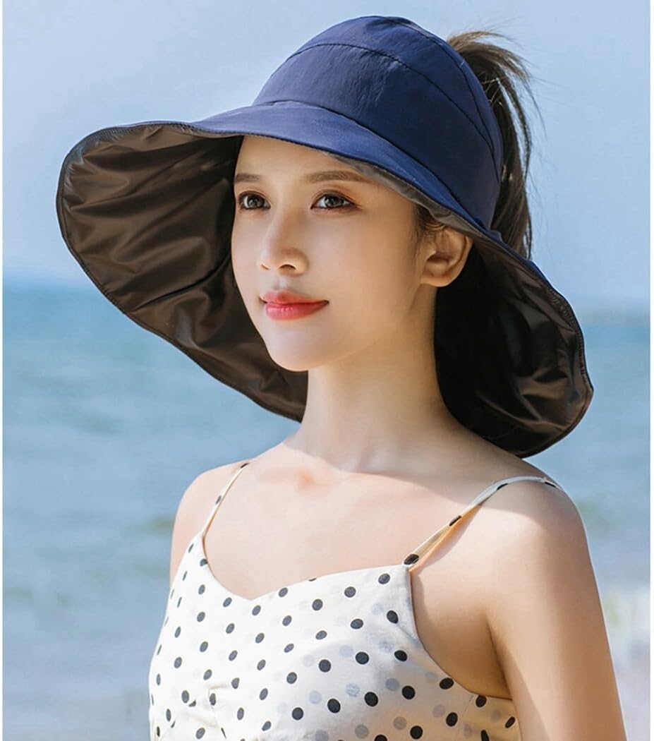Adjustable Beach Visor for Women, Protective Sunny Day Floppy Foldable Washable Wide Brim Hat, Casual Large Visor Hat