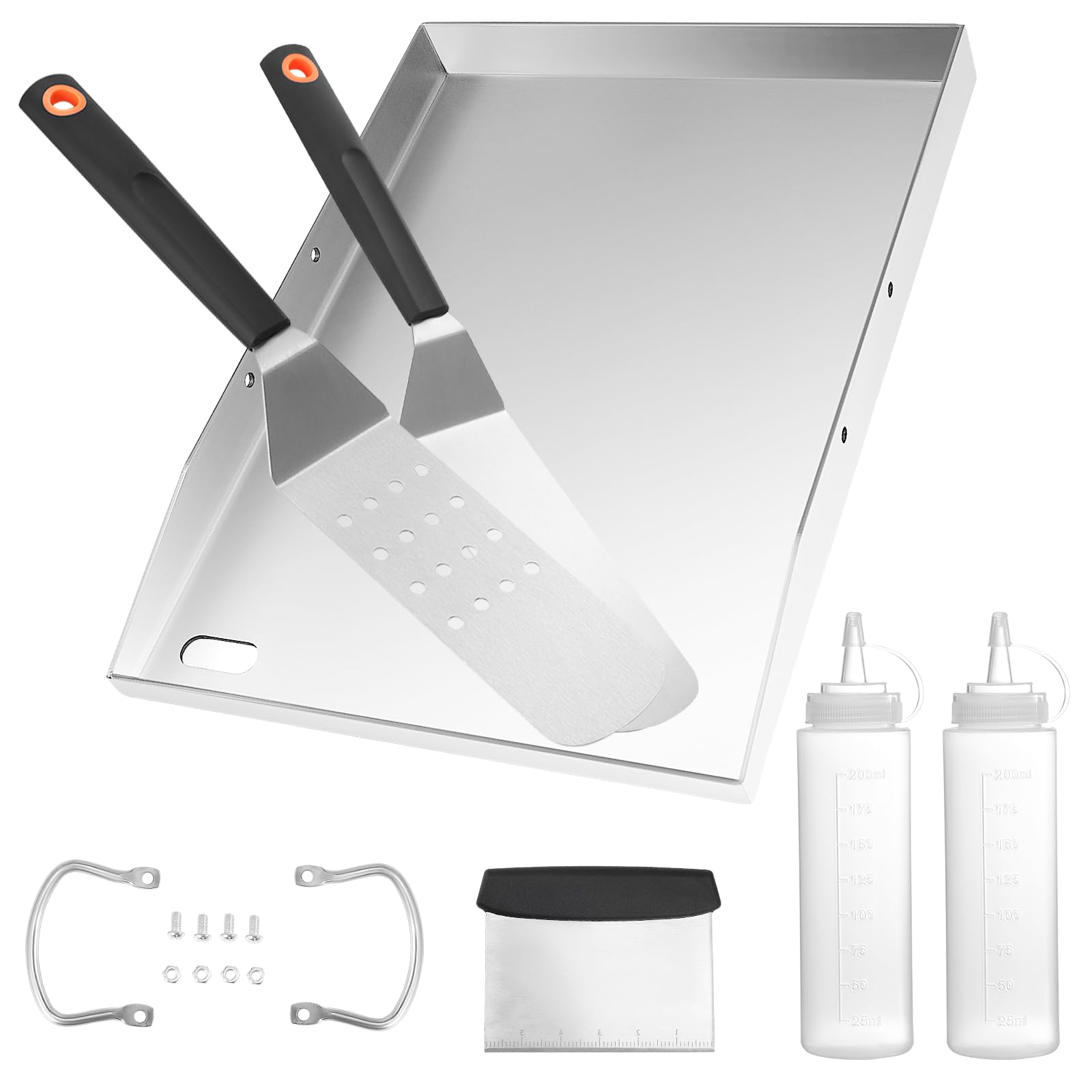 Plancha de acero inoxidable,Plancha Placa de Acero Inoxidable Grueso & Acero Inoxidable 40 x 30 x 4 cm,Adecuado para barbacoa de gas y barbacoa de carbón,3 espátulas, 2 botes de aceite