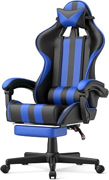 Huracan Gaming Chair with Footrest, Adjustable Video Game Computer Chairs for Adults, Reclining Backrest Office Desk Chair with Headrest and Lumba Pillow, Blue
