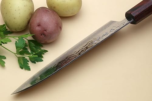 Miniatura 7 de Yoshihiro NSW - Cuchillo de chef multiusos japonés de 46 capas de Damasco martillado Santoku de 7 pulgadas con funda de magnolia y saya natural