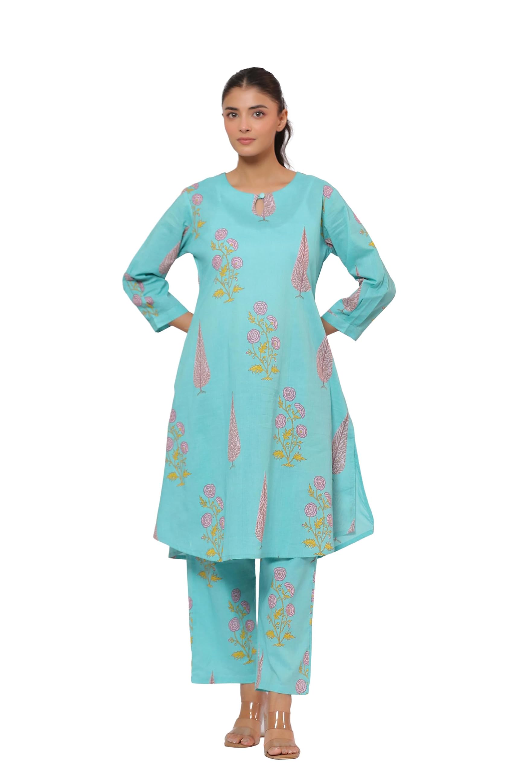 Middle Blue Mughal Boota Cotton Co-ord Set for Women-image-3