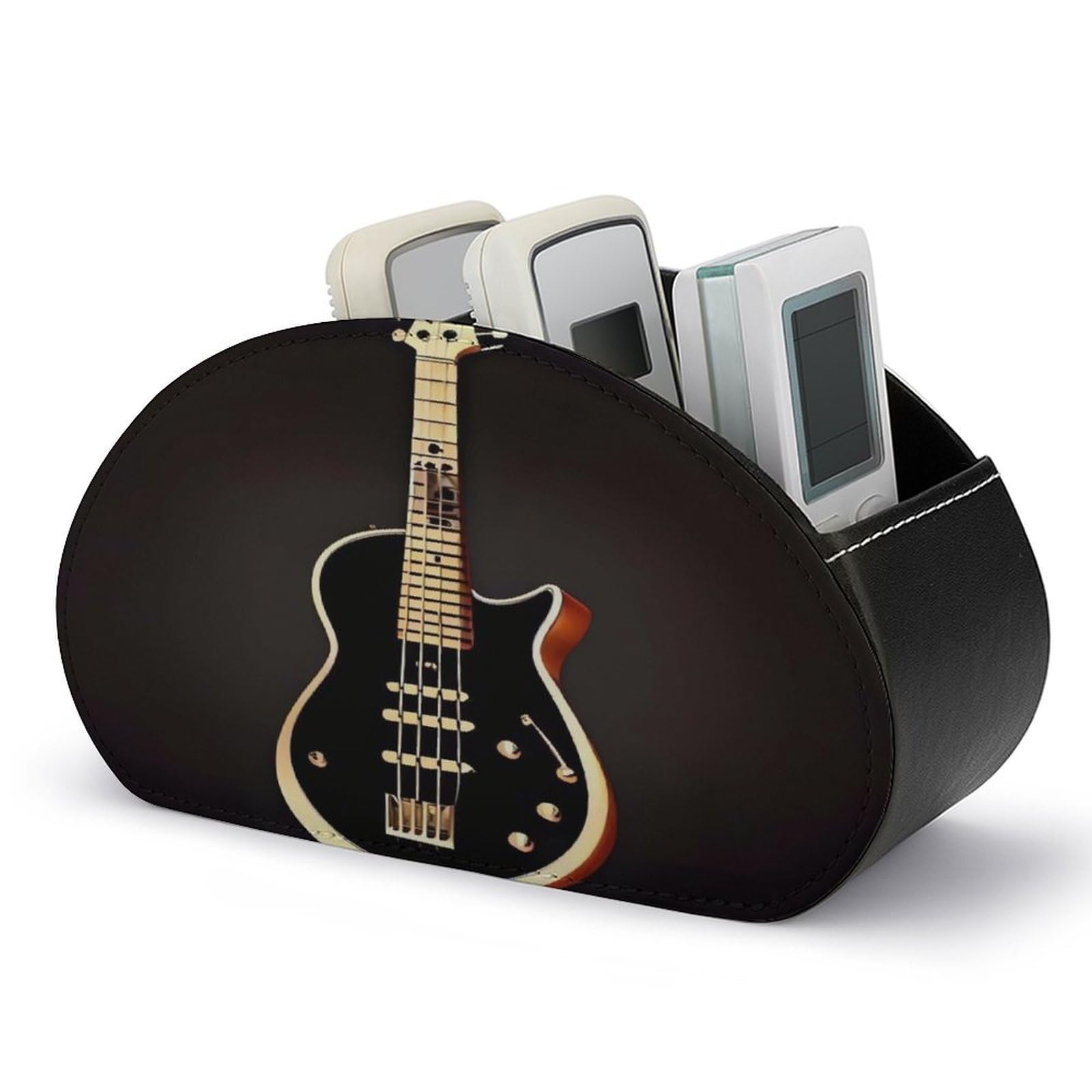 VstaDank Black Guitar Remote Control Holder with 5 Compartments PU Leather Remote Caddy Desktop Organizer Store TV Remote Control Storage Box for Home Office Desk Nightstand