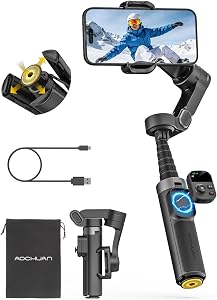 AOCHUAN 360° Pan Rotation Gimbal Stabilizer for iPhone, Magnetic Remote Vontrol, 3-Axis Stabilizer w/Built-in Extension Rod & One-Touch Open Tripod, 3-in-1 Foldable Phone Gimbal for Vlogging, Travel