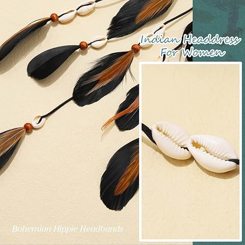 Miniatura 6 de CAKURE Tocado de plumas, diademas hippie bohemias, tocado de plumas indias, bandas ajustables para el cabello, accesorios para el cabello de plumas