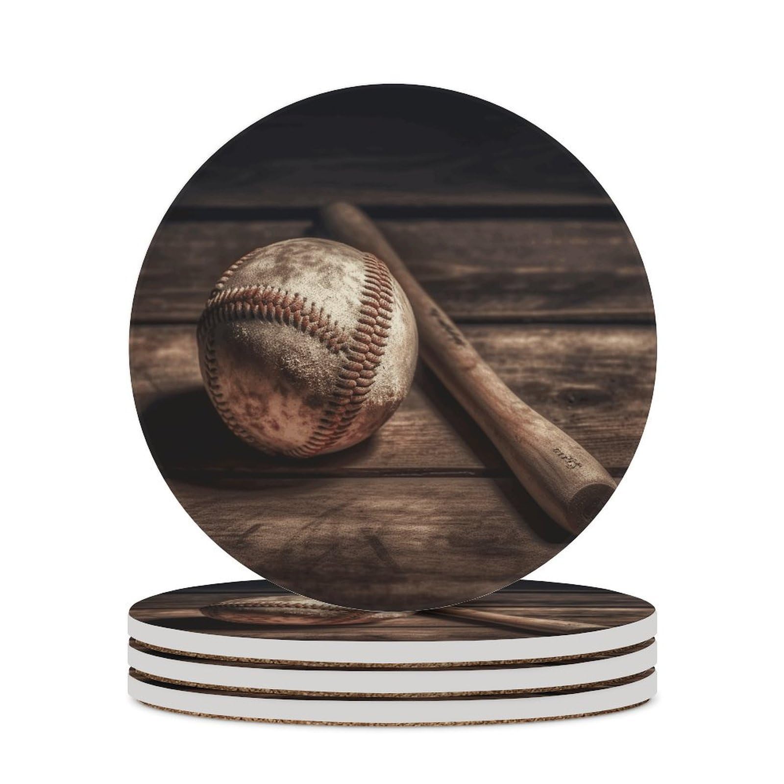 Baseball on Wooden Coaster with Cork Base Drink Coasters for Coffee Table Decor Modern Cup Coasters with Non-Slip & Heat-Resistant Cute Ceramic Table Coaster for Home Dining