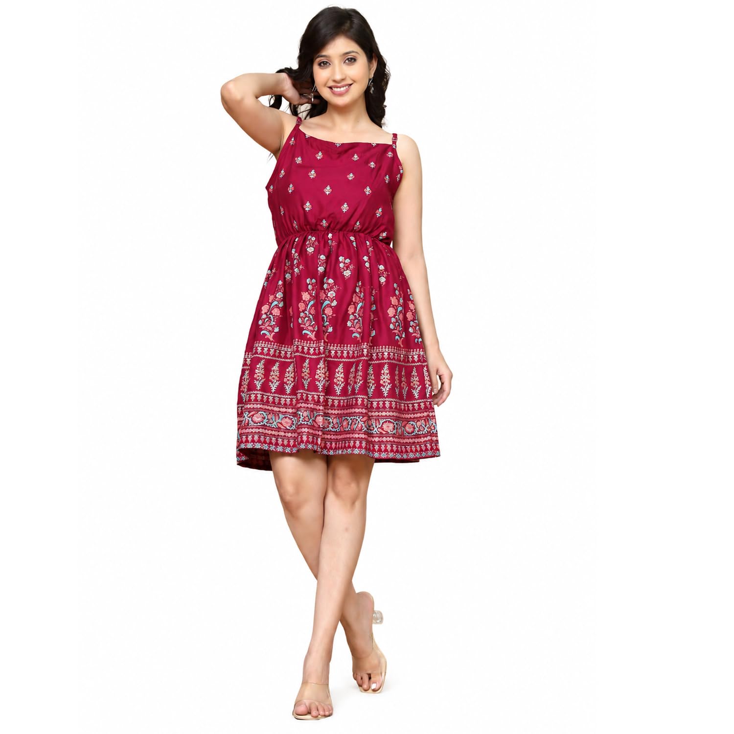 Women's Sleeveless Printed Fit & Flare Short Dress | Adjustable Shoulder Straps | Elastic Waist | Floral Ethnic Print | Casual Summer Mini Dress for Women-image-36