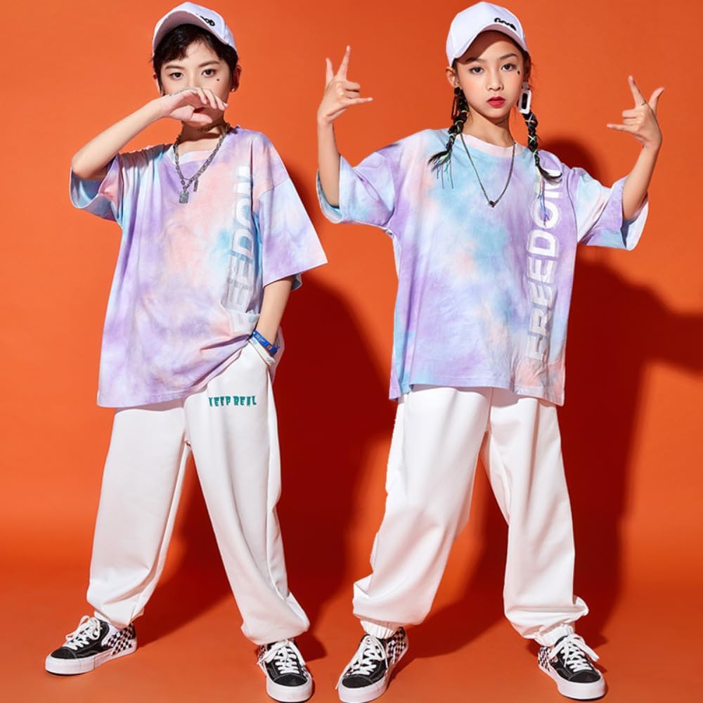 [kzzkoo] ヒップホップ キッズ ダンス衣装 セットアップ 男の子 女の子 tシャツ 半袖 カラフル タイダイ染め ゆったり