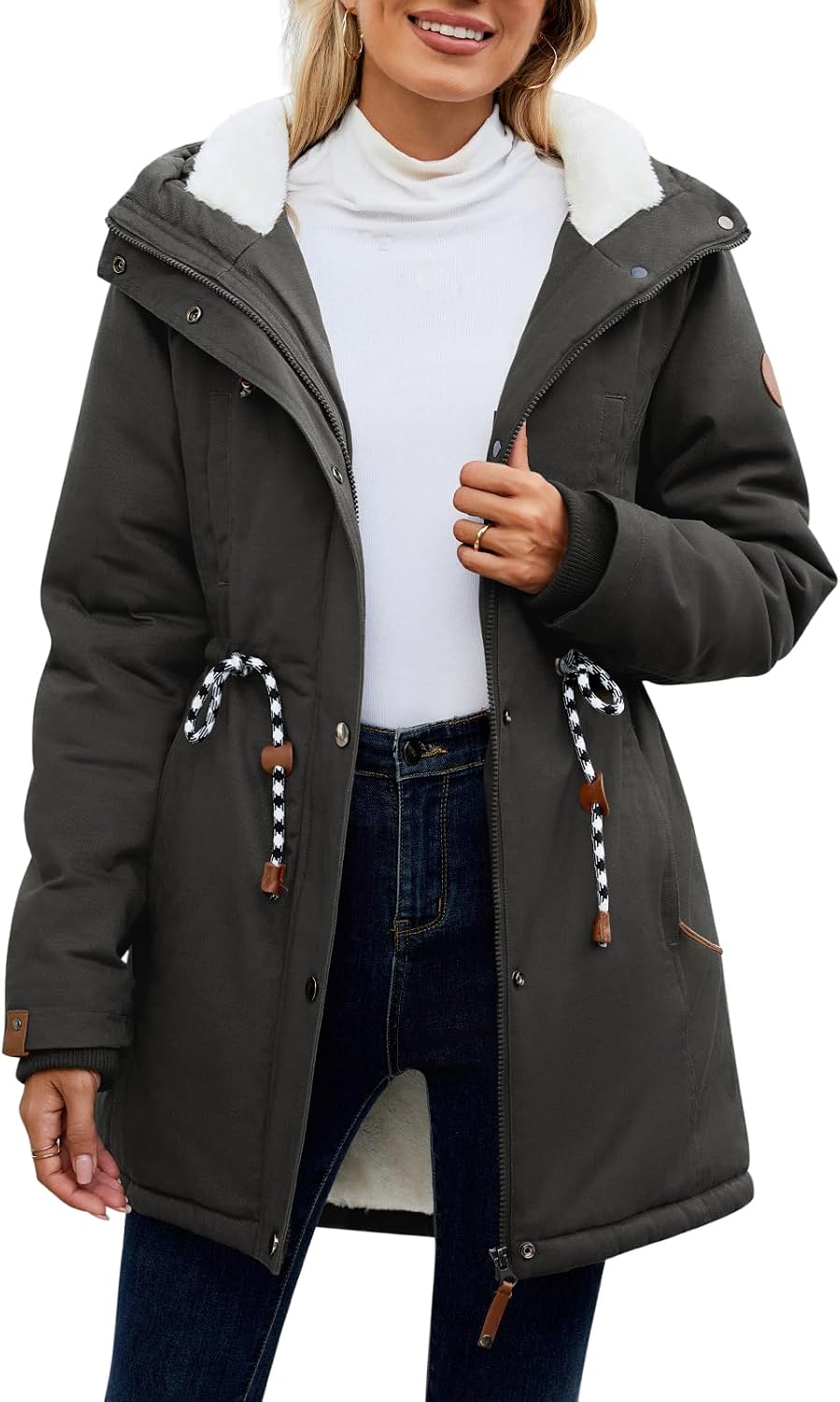 UMIPUBO Women's Winter Fleece Lined Sherpa Parka Jacket Warm Thicken Fuzzy Hooded Down Coat Casual Plush Drawstring Outerwear