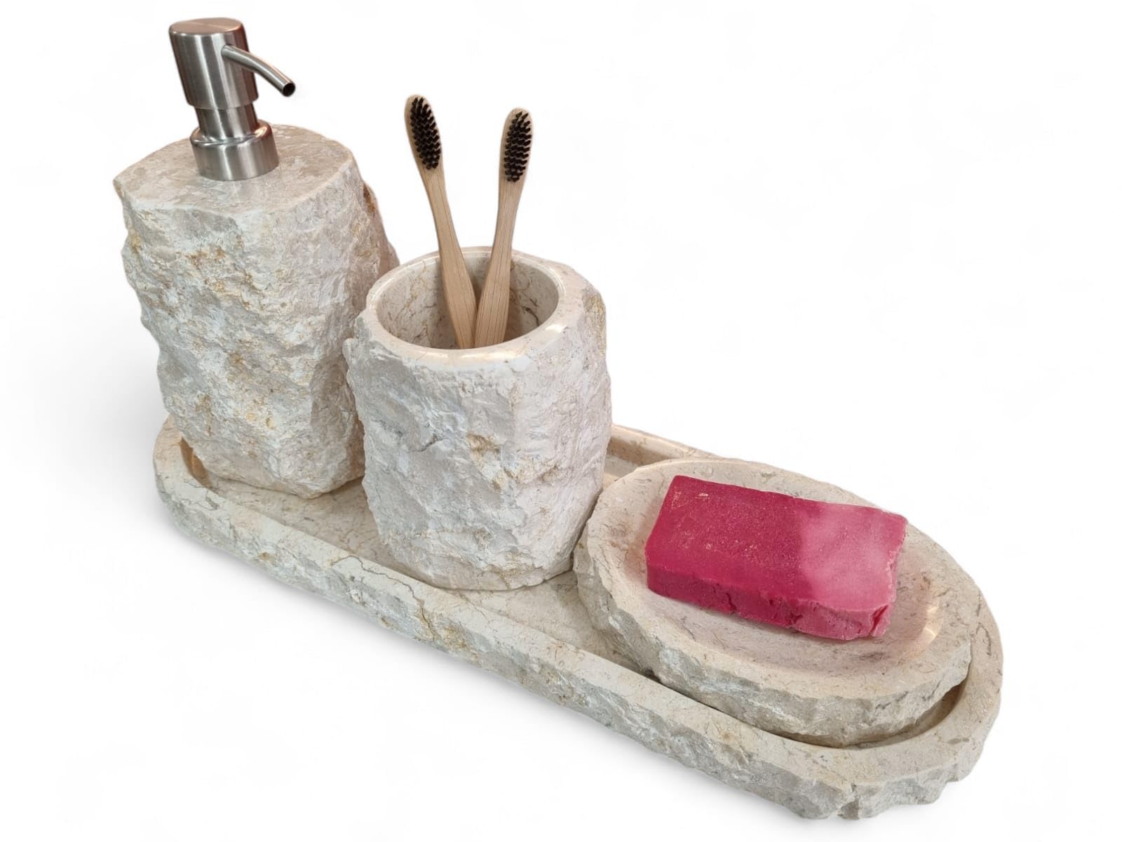 Juego de baño de mármol: vaso para cepillos de dientes, dispensador de jabón, jabonera, bandeja para su oasis de bienestar en piedra natural beige