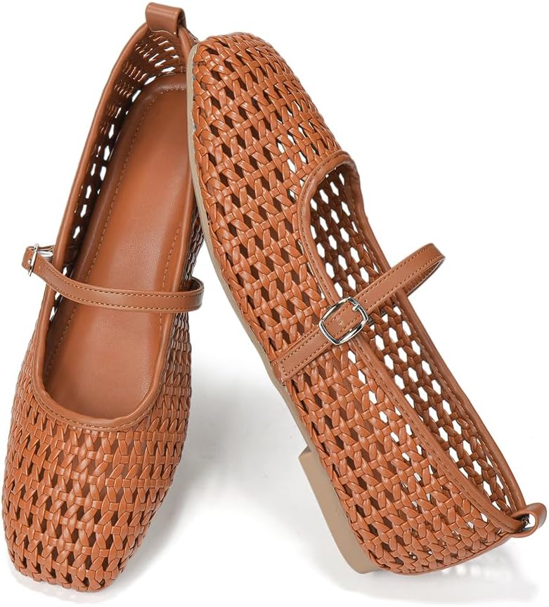 Flats for Women Mary Jane Shoes Mesh Ballet Foldable Flat Women's Squared Toe Woven Comfortable Dressy Office Casual Shoe
