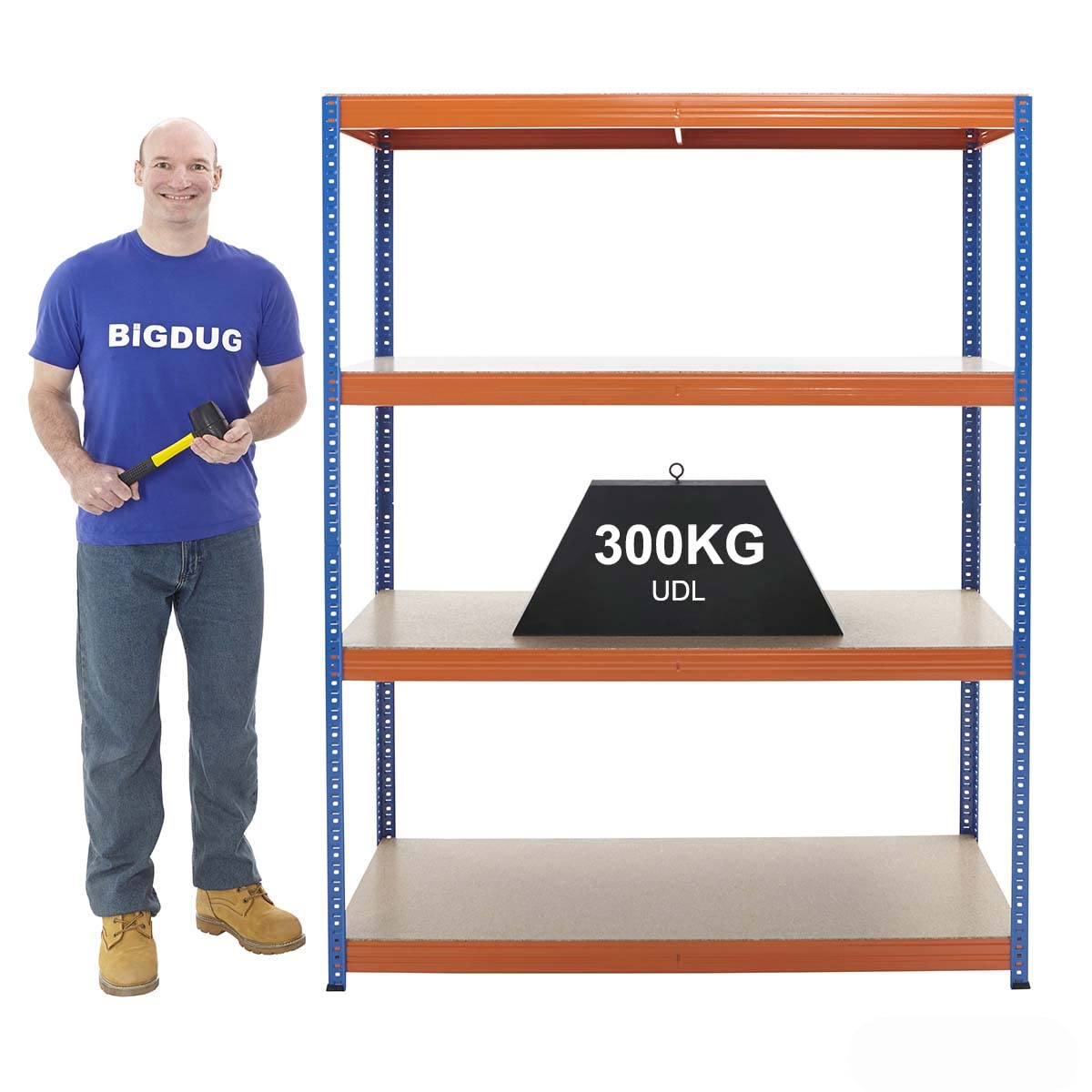 BiGDUG Essentials Industrial Shelving Unit - 4 Tier Racking Shelving - 178cm High Steel Shelving - 300kg UDL Per Shelf - Blue & Orange (178h x 120w x 45d cm)