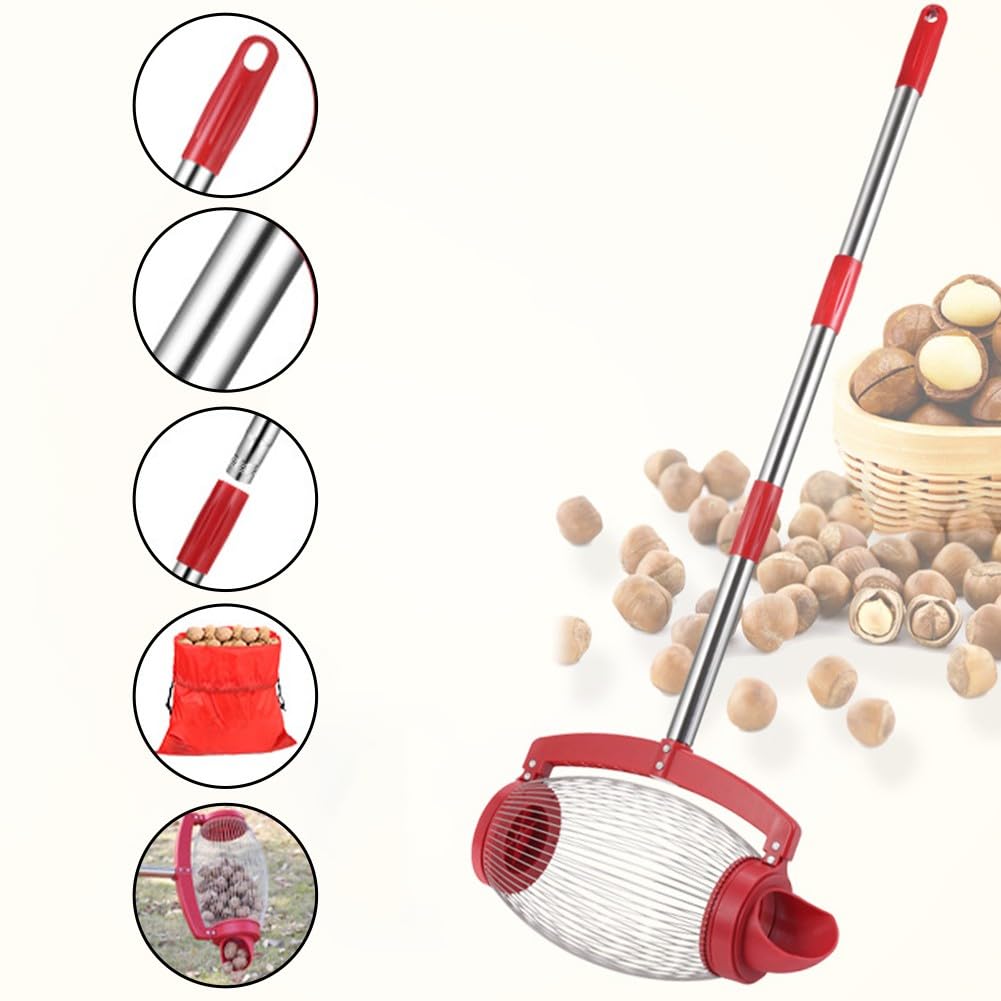 EasyByMall Recolector de tuercas de acero inoxidable y recogedor de pelotas de golf, 1,2 m, para jardín, para nueces, castañas, bellotas, color rojo