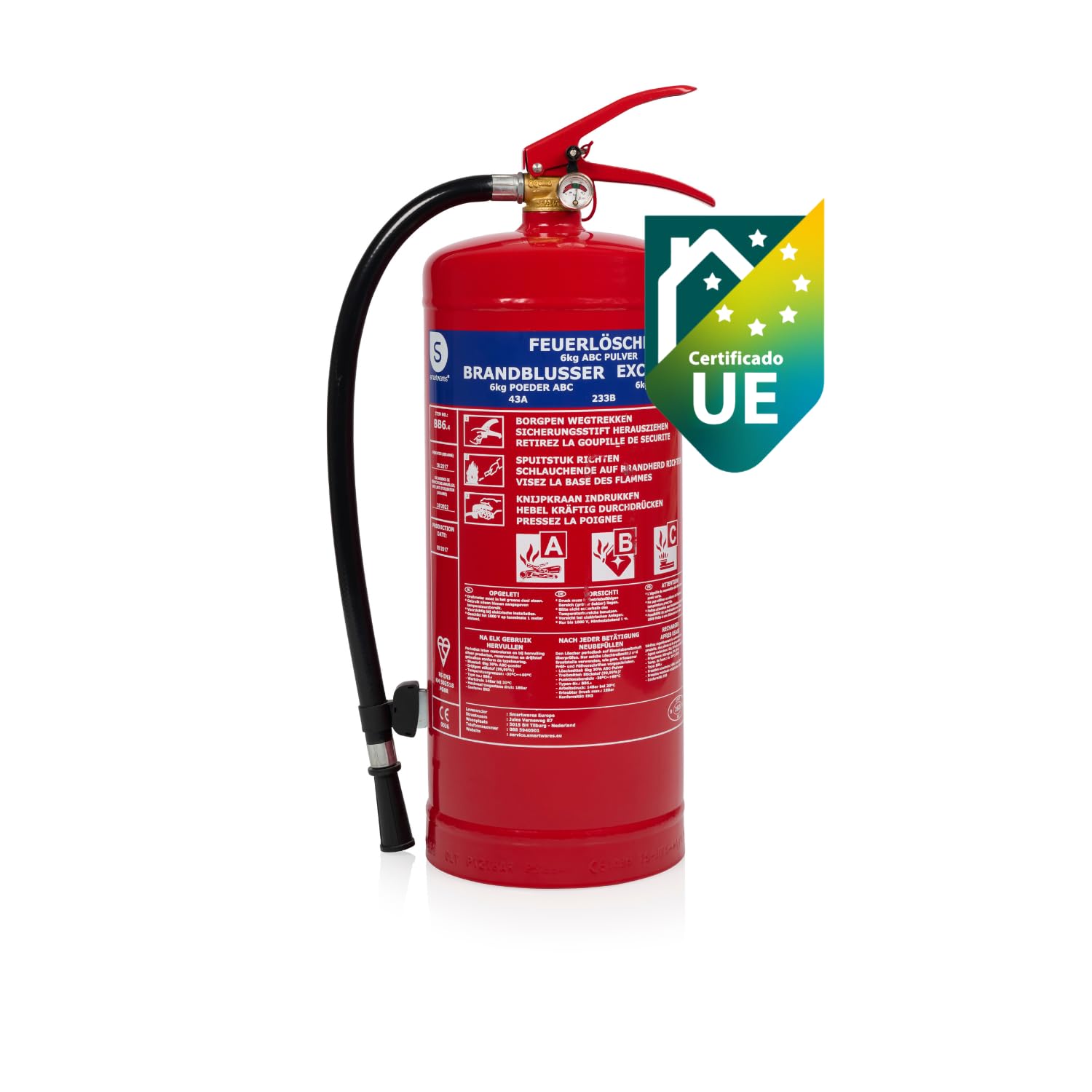 Smartwares Extintor de polvo - 6 kg - para incendios ABC - Adecuado para vehículos grandes y viviendas - Soporte de montaje incluido - FEX-​15162