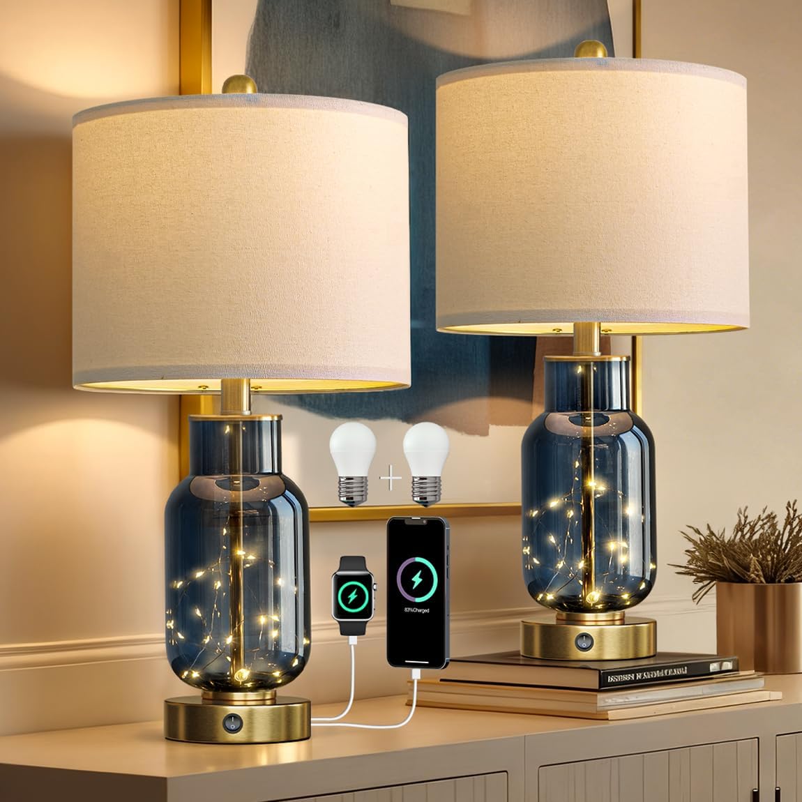 Oneach 22" Glass Table Lamps Set of 2, Blue Modern Bedside Lamp with LED Night Light for Living Room, Nightstand Lamp with USB Ports for Bedrooms, Study Room, End Table(2 Bulbs Included)