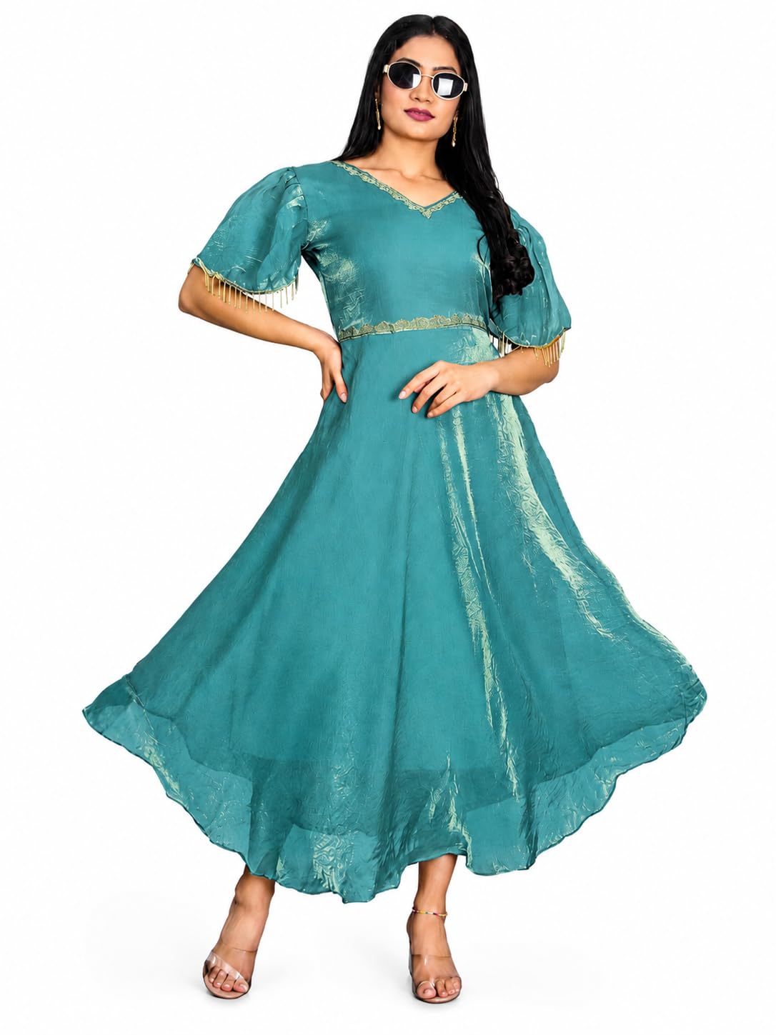Women's Teal Anarkali Maxi Dress with Gold Tassel-image-1