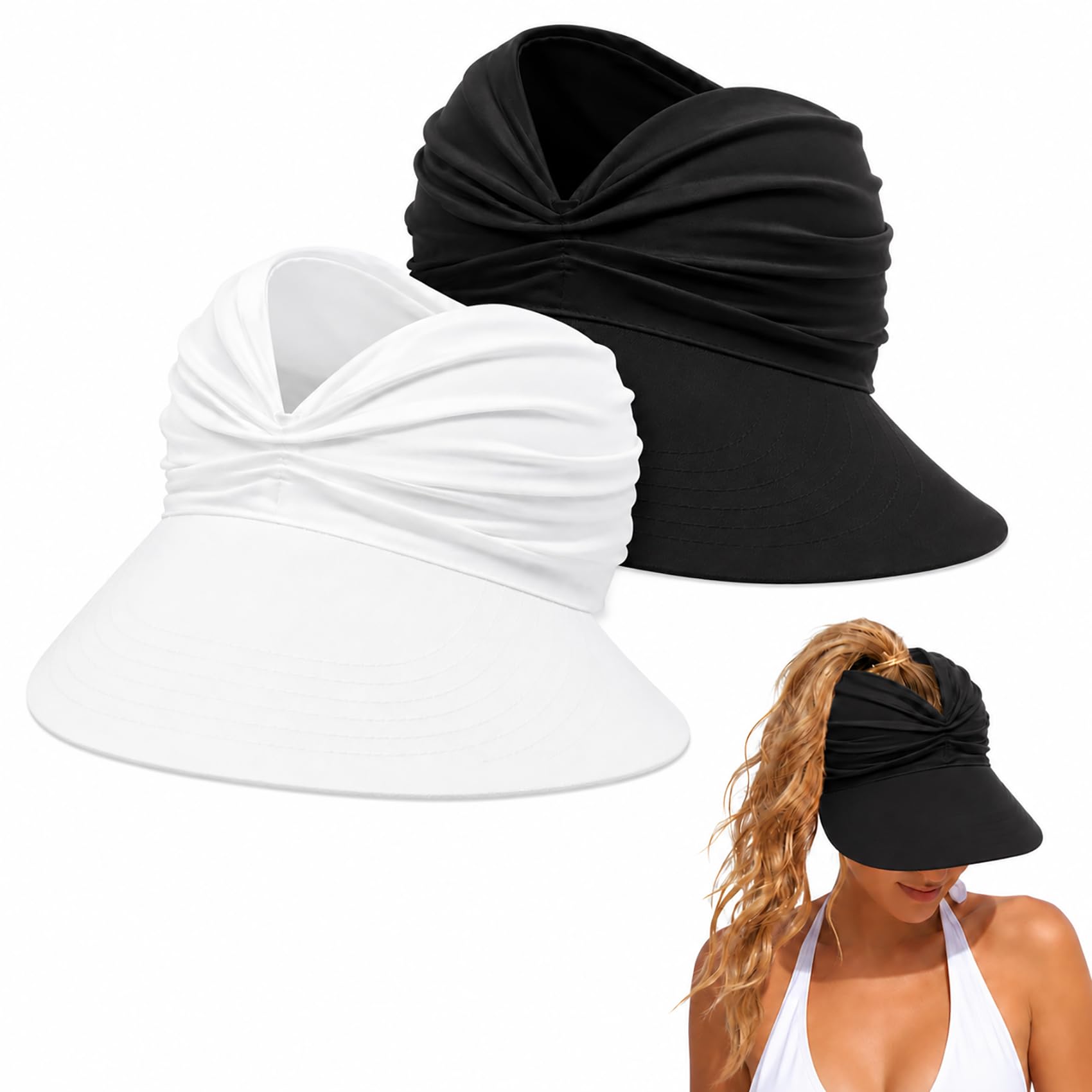 Women's UPF 50+ UV Protection Sun Visor Hat – Wide Brim Lightweight Foldable Ponytail cap for Summer Outdoor Walking Golf