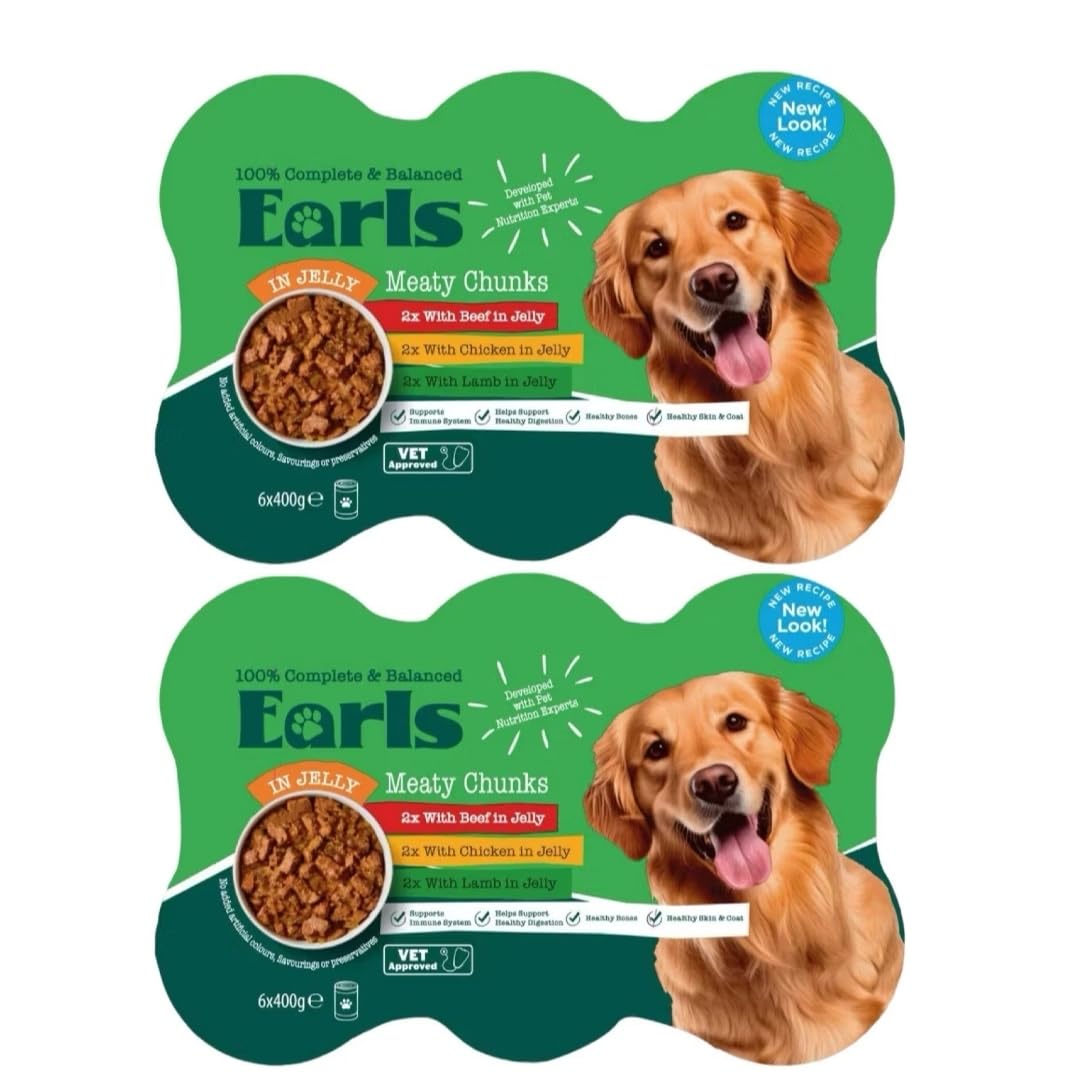Bizzal Earls Meaty Chunks in Jelly Dog Food, Beef Chicken and Lamb Variety, 400g Cans, 12 Pack