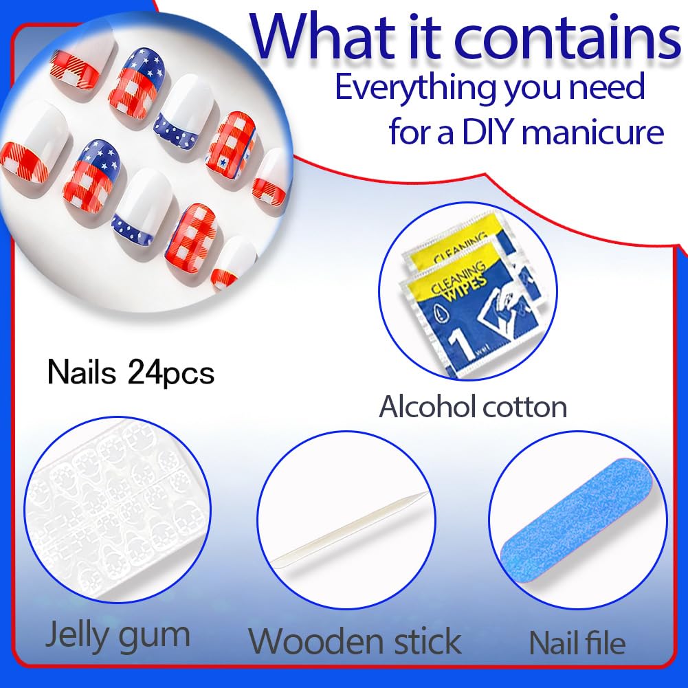 4th of July Press On Nails - Fourth of July Short Square Fake Nail with Red White and Blue Patriotic Design Acrylic Artificial False Nail Press Ons Stick On Nails for Women