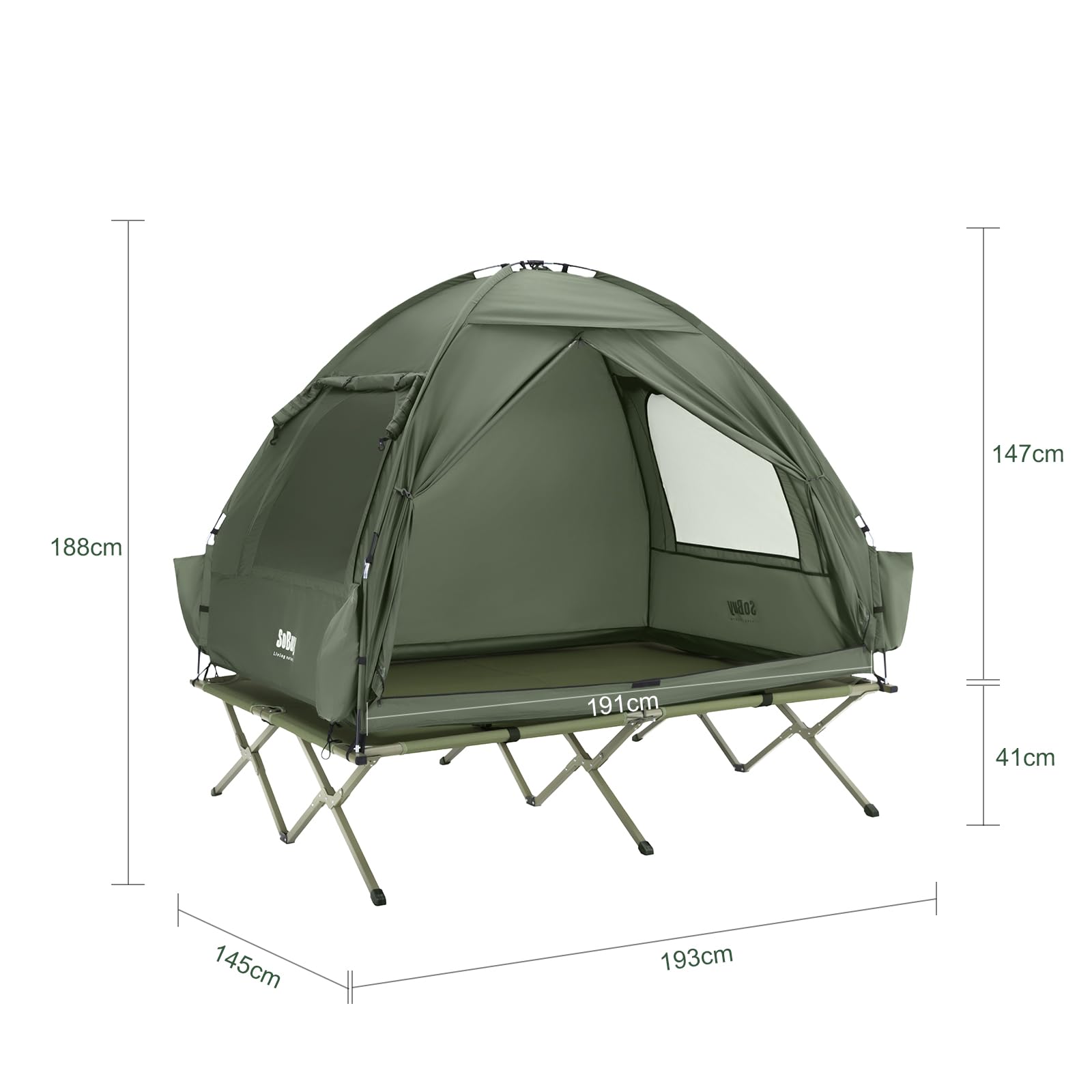 SoBuy Feldbett mit Zelt Grün 4in1 Zelt auf Stelzen mit Rolltasche Wasserdichtes Campingbett Outdoor Campingliege Familienzelt ohne Matratze Angelzelt Grün