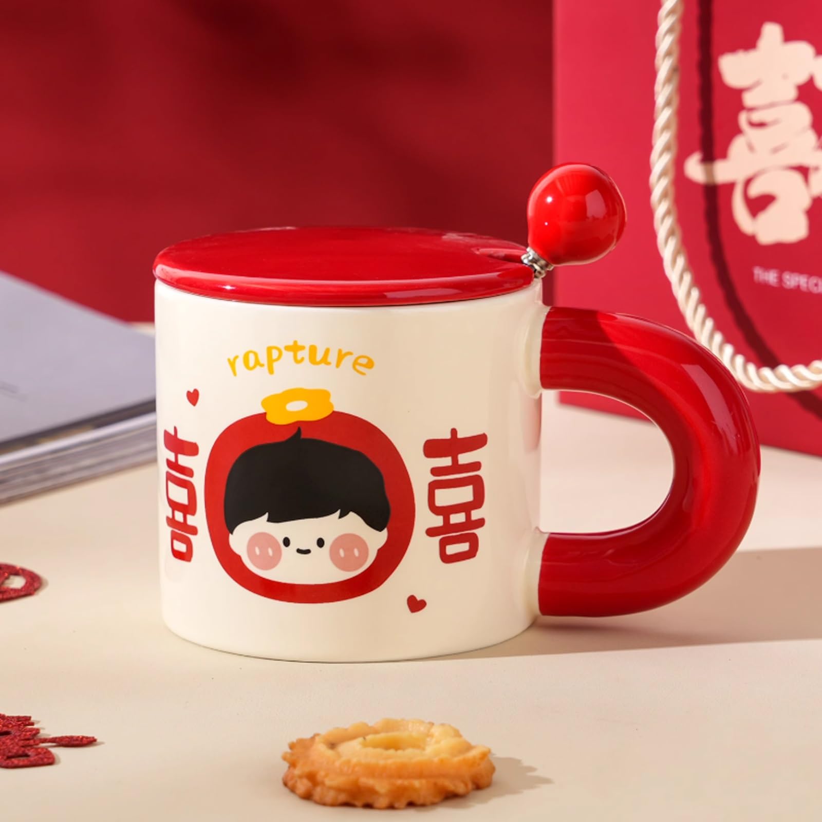 Tazza da tè dal Design Unico, Tazza in Ceramica con Coperchio e Cucchiaio a Forma di Ragazzo Felice, da Caffè da 380 Ml per tè e Caffè, Grazioso Regalo di San o Natale(Red)