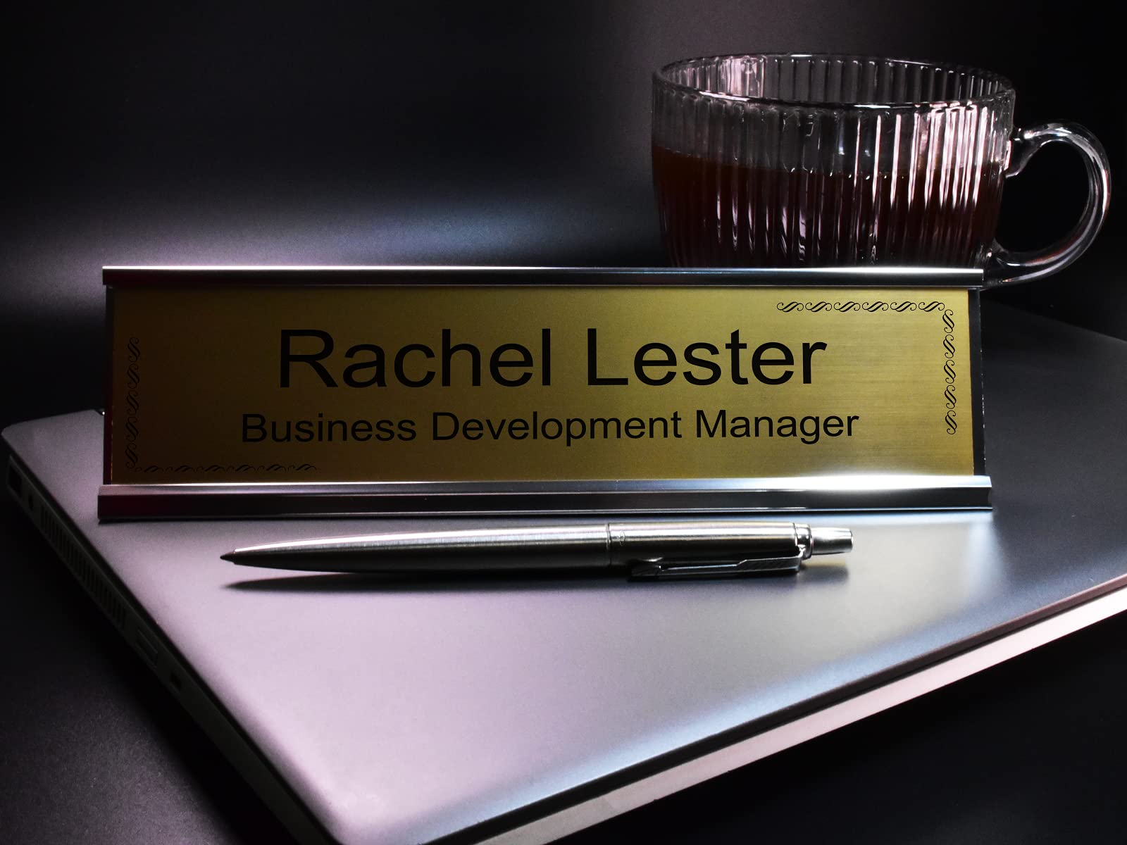 Badgemaster Custom Personalised Engraved Gold Aluminium White Office Home Desk Name Plaque Decorated Silver Front Plate Bespoke Modern Gift Teacher Graduate Manager Assistant Executive