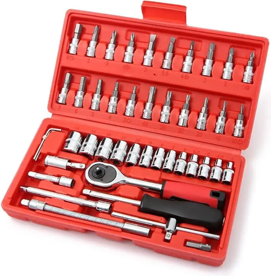 Kit de Ferramentas Profissional 46 Peças com Catraca Reversível, Soquetes e Bits – Maleta Compacta Vermelha para Reparo Doméstico, Automotivo e Uso Geral